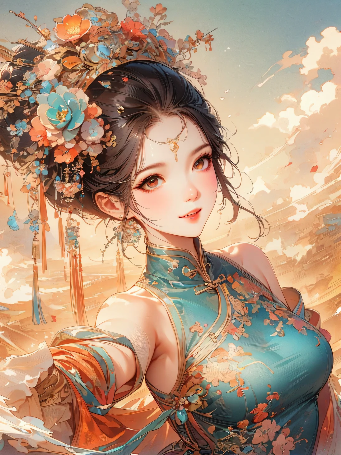 A beautiful young woman in traditional Chinese attire, surrounded by a lush garden. She is holding a parrot on her finger, gazing at it with gentle eyes. The woman's hair is styled in an elaborate updo adorned with flowers and traditional ornaments. Her dress is elegant, featuring fine silk with floral embroidery. The garden is in full bloom, with peonies and other flowers providing a backdrop. The scene captures the serenity and beauty of classical Chinese art, with a touch of nature harmony，Chinese illustration，flat illustration，Marker drawing，color ink on paper，vector illustration