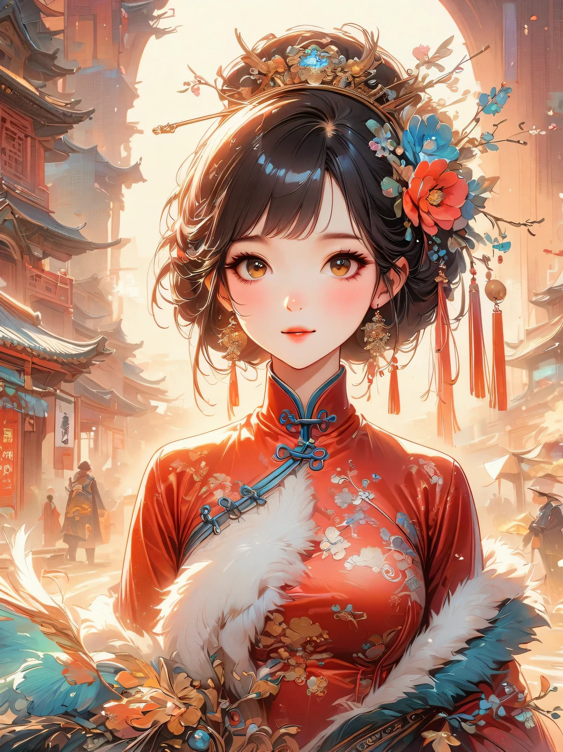 A charming Chinese girl wearing an elegant side-slit cheongsam,a stunning spring scene。Her charming smile and graceful pose are the focus of this medium shot,Her entire figure is on display against an epic backdrop。Illustrations should reflect the golden section,have beauty、Dramatic lighting and epic composition。Striving to create masterpieces of the highest quality,Featuring extremely detailed characters and backgrounds。Use cinematic quality lighting and professional camera angles to enhance the beauty of your scenes,(first-person view, pov, UHD, retina, masterpiece, ccurate, anatomically correct, textured skin, super detail, high details, best quality, 8k, Chinese illustration,flat illustration,Mark strokes,Colored ink on paper,Vector illustration)