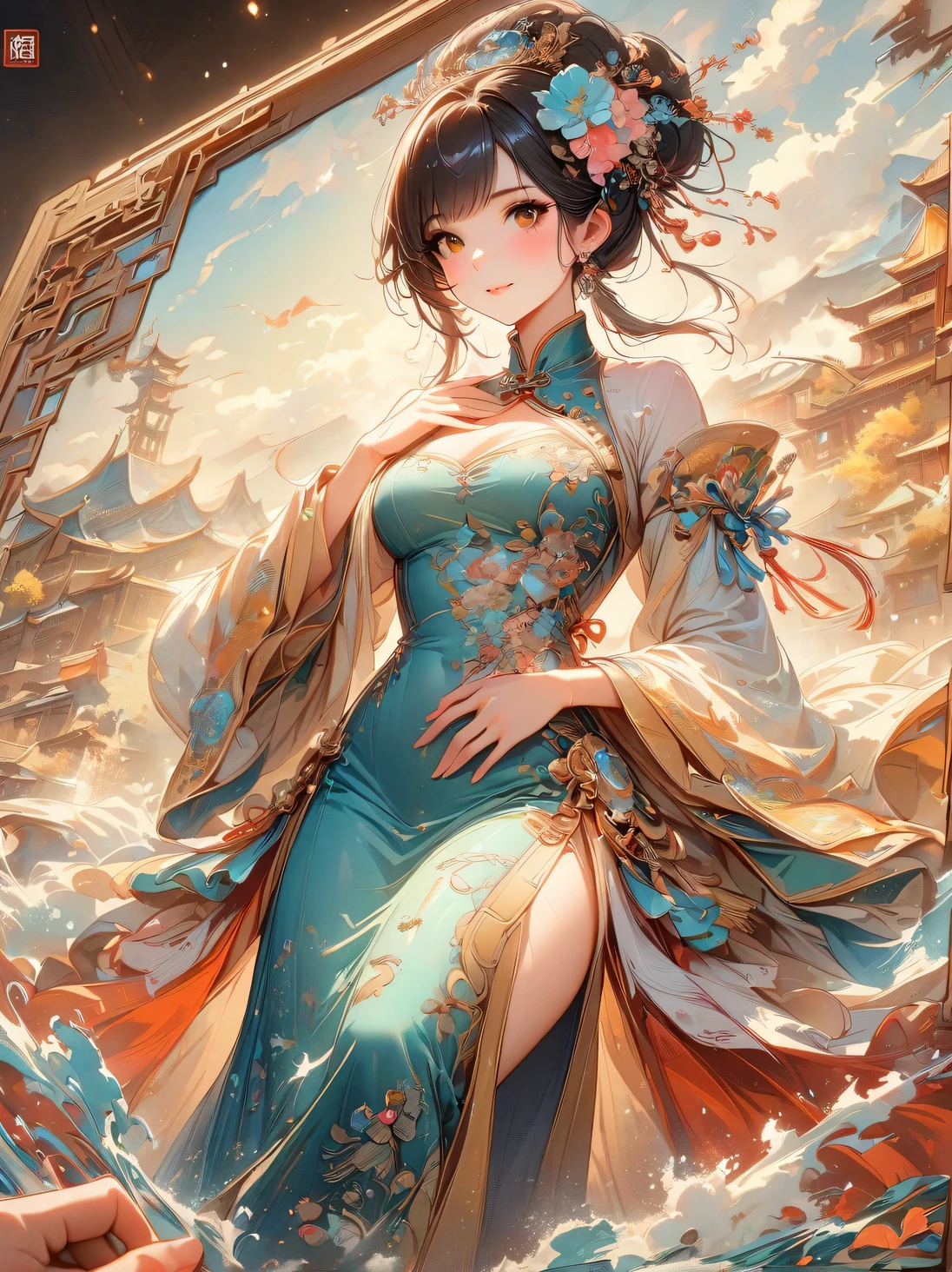 A beautiful young woman in traditional Chinese attire, surrounded by a lush garden. She is holding a parrot on her finger, gazing at it with gentle eyes. The woman's hair is styled in an elaborate updo adorned with flowers and traditional ornaments. Her dress is elegant, featuring fine silk with floral embroidery. The garden is in full bloom, with peonies and other flowers providing a backdrop. The scene captures the serenity and beauty of classical Chinese art, with a touch of nature harmony，Chinese illustration，flat illustration，Marker drawing，color ink on paper，vector illustration
