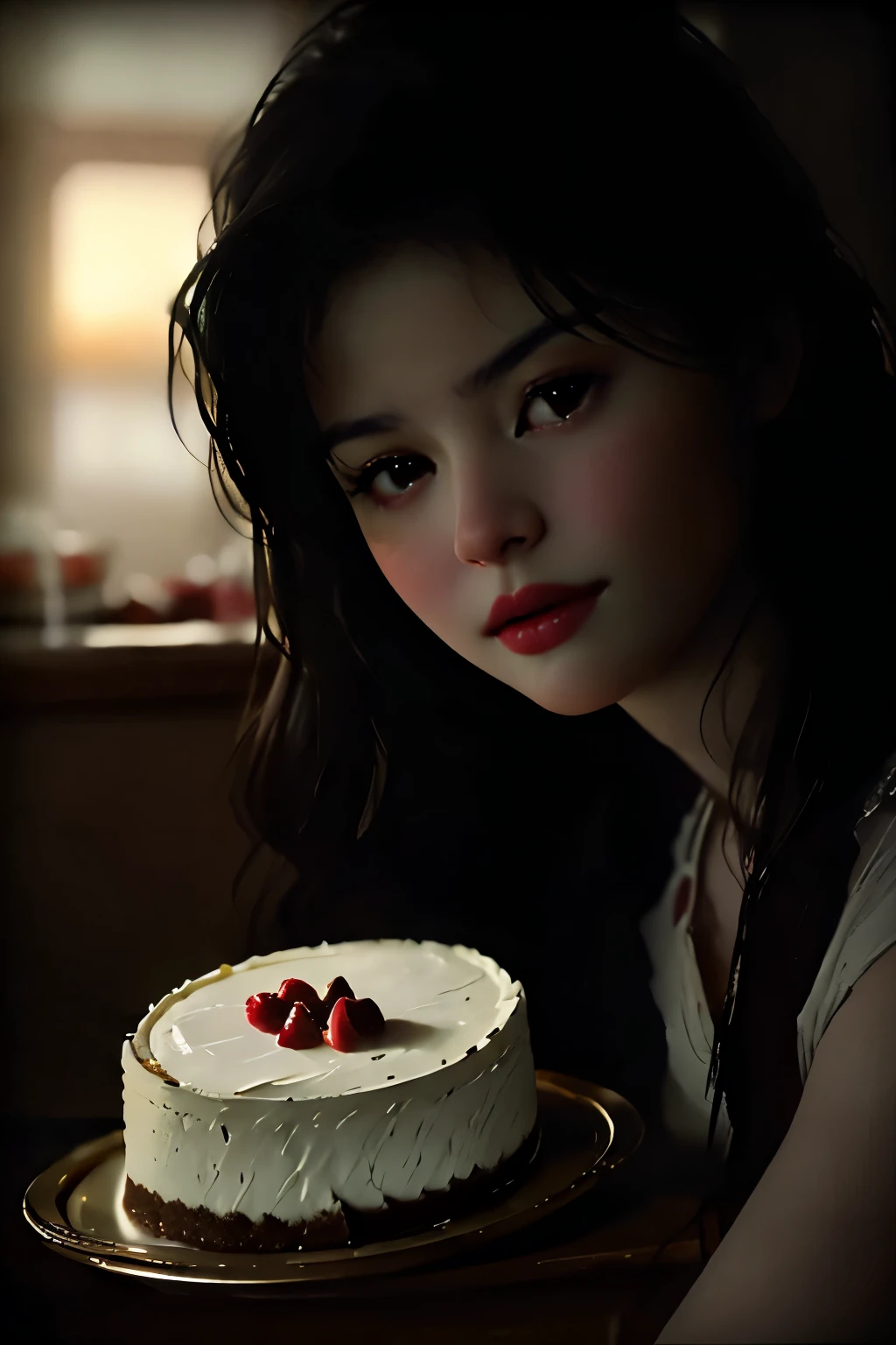 Photorealistic Appetizing slice of cherry cheesecake with chocolate, delicious, fragrant, close-up, highly detailed, intricate detail, raw photo, lifelike rendering, immersive atmosphere, chiaroscuro, moody lighting, miranda cosgrove ((covered in cheese cake))