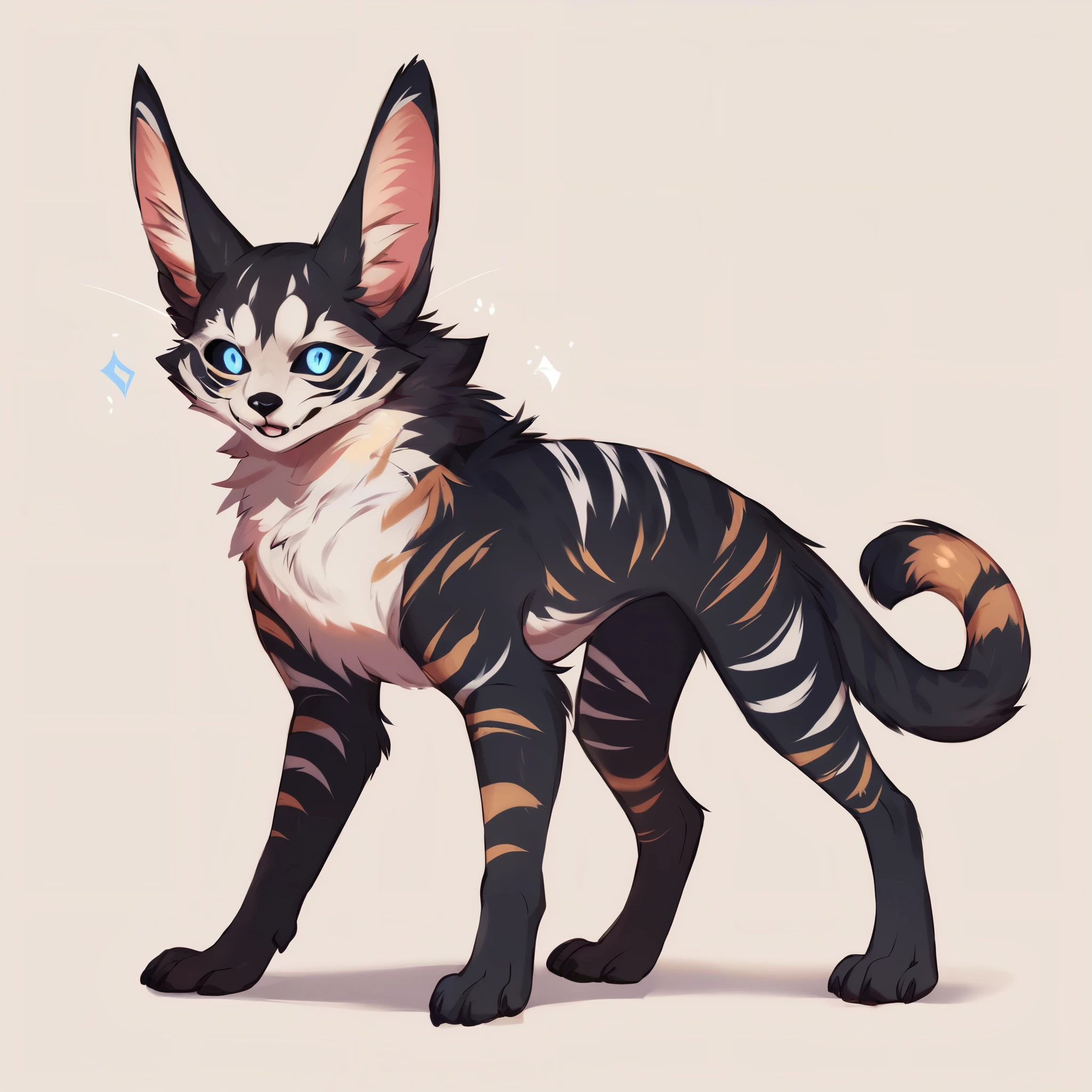 score_9, score_8_up, score_7_up, score_6_up, score_5_up, score_4_up, show accurate, full body, simple background, solo, feral chupacabra, female chupacabra, teenage chupacabra, adorable face, standing on all fours, black sclera, sapphire blue eyes, bright eyes, playful look, overflowing emotion, skinny body, full black fur, white fur, white face with black stripes, only black and white color fur, white chest, black tail, black legs, 