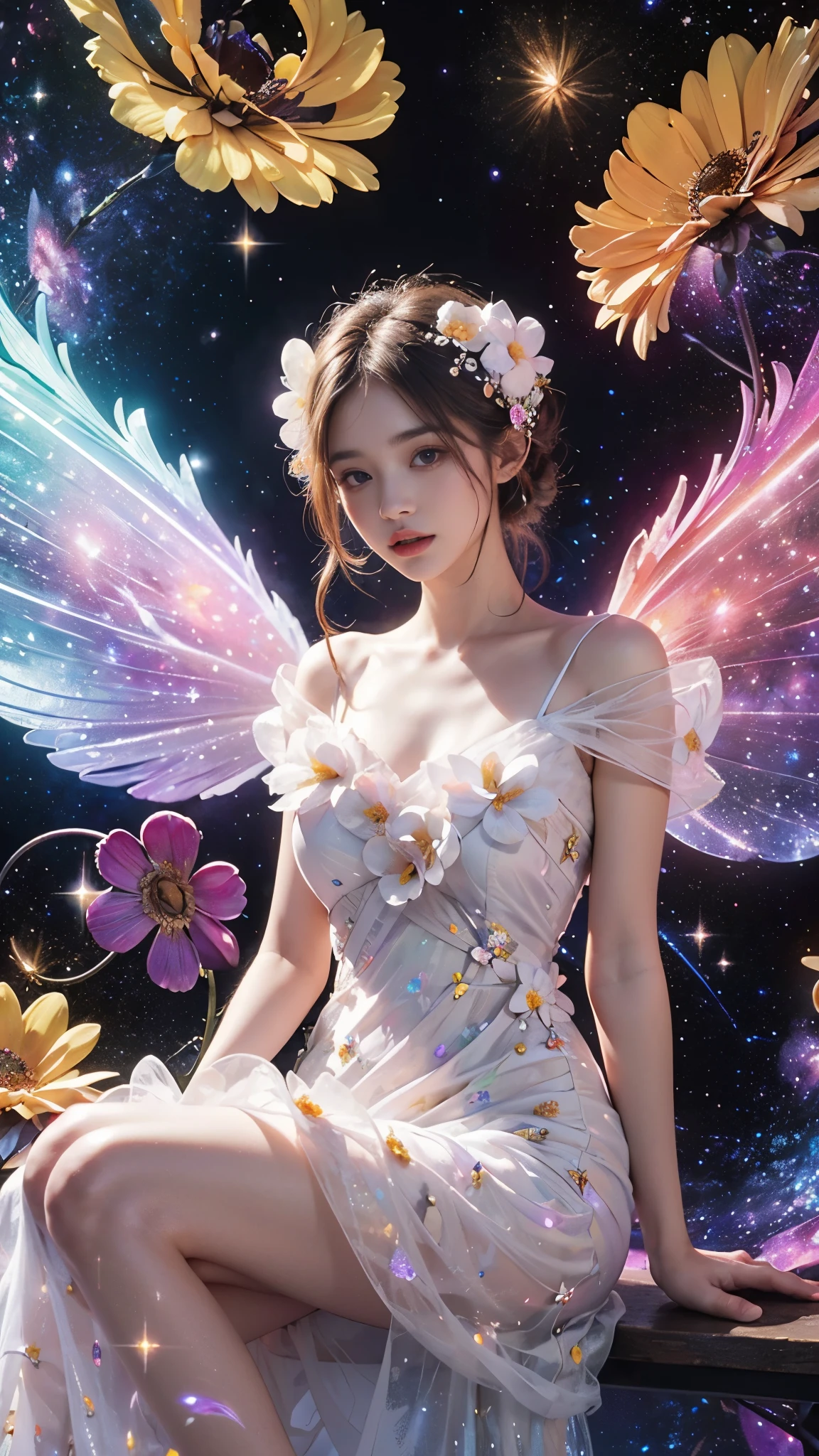4k ultra hd, masterpiece, a girl, good face, detailed eyes, detailed lips, flower fairy girl, big wings, transparent wings, neon lights, (galaxy background:1.5), (flower dress:1.8), (white dress:1.5), in the heaven, sitting,