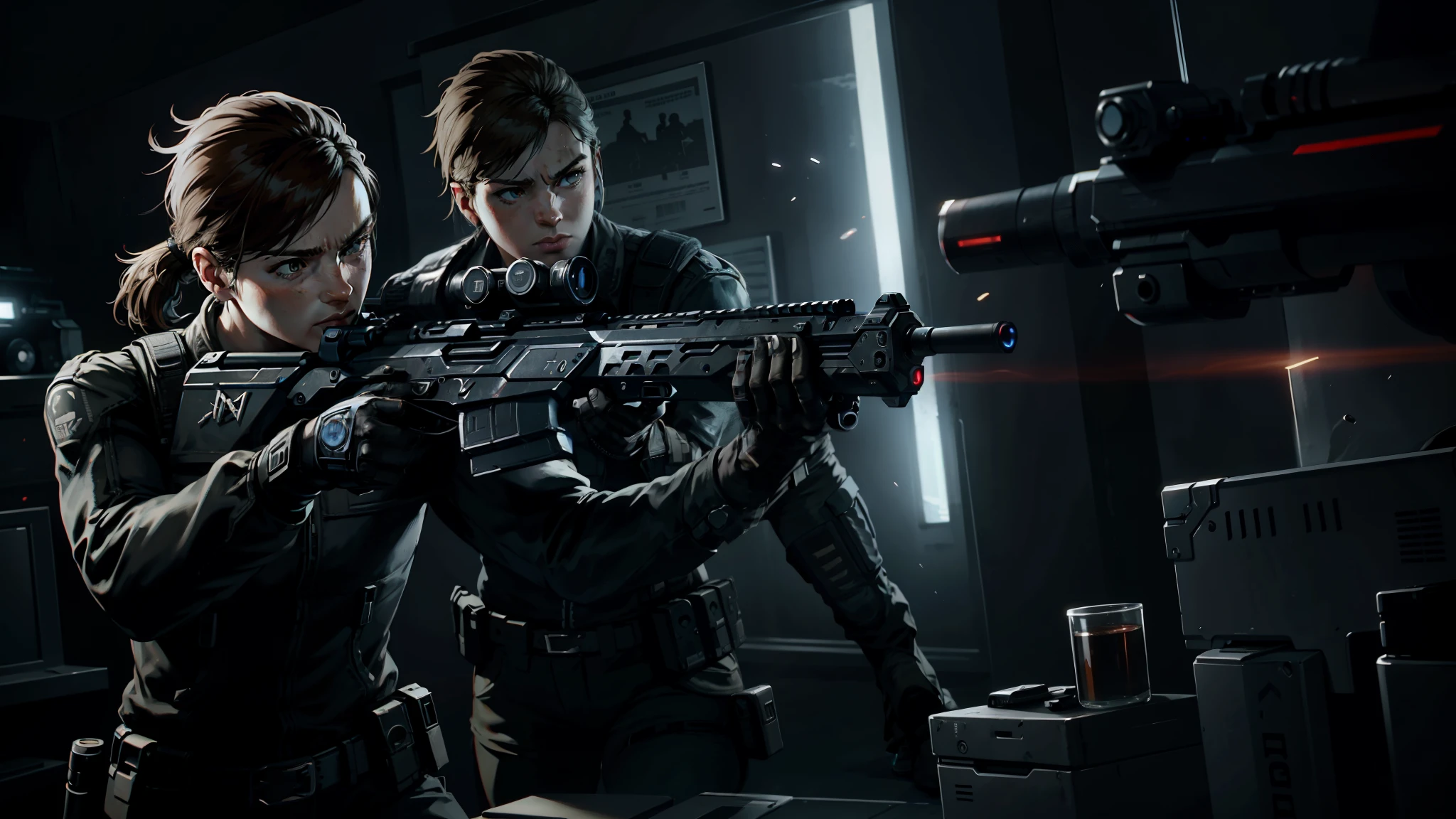 Close-up of a man holding a gun in the room, albert wesker, video game screenshots, Game CG, firing laser rifle, Femshep, Video game stills, 3rd person shooter, in the game, pulse rifle, PS 3 screenshots, laser rifles, Loading screen&quot;, phantom dust gameplay screenshot, a laser rifle, laser rifle, Charming Jill Valentine, Leg shot