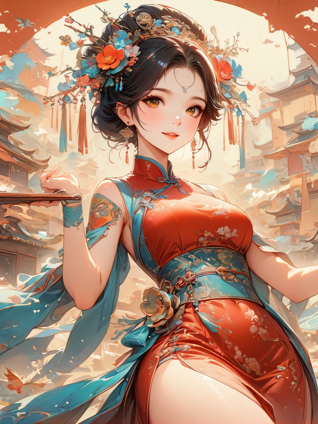 A beautiful young woman in traditional Chinese attire, surrounded by a lush garden. She is holding a parrot on her finger, gazing at it with gentle eyes. The woman's hair is styled in an elaborate updo adorned with flowers and traditional ornaments. Her dress is elegant, featuring fine silk with floral embroidery. The garden is in full bloom, with peonies and other flowers providing a backdrop. The scene captures the serenity and beauty of classical Chinese art, with a touch of nature harmony，Chinese illustration，flat illustration，Marker drawing，color ink on paper，vector illustration