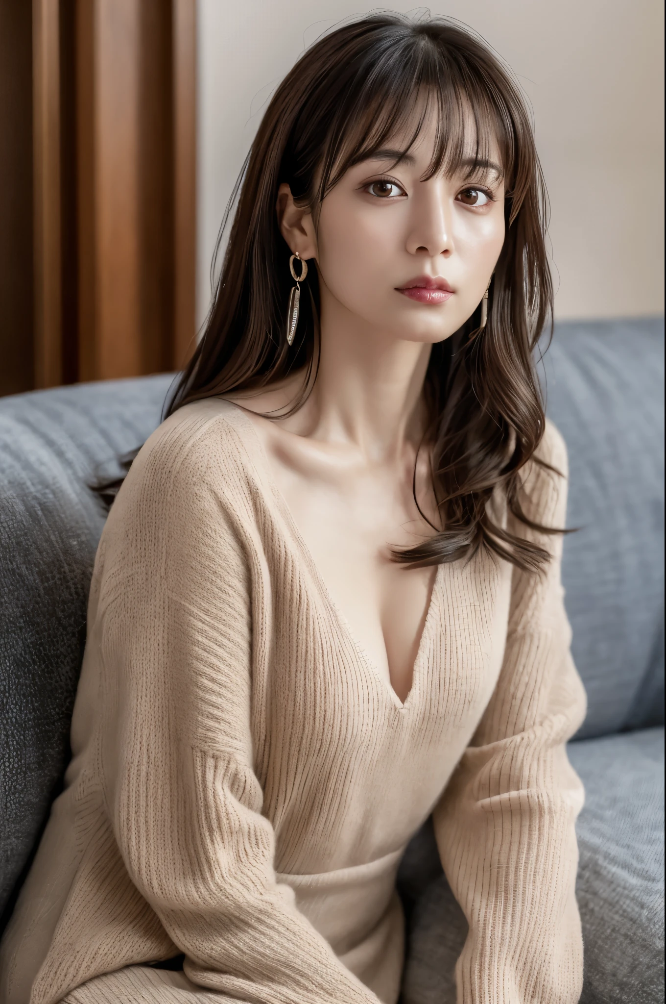 ((Best Quality, 8K, masutepiece, Portrait: 1.3)), (From below, Look down, Looking at the viewer), (Cowboy Shot:1), Photorealistic, Sharp Focus, Solo, Japan Mature Woman, Beauty, ((Lying down)), (Open mouth:0.7), Cloth with cleavage view, 35 years old, Wavy Hair, Wrinkles at the corners of the eyes, emphasized, ((Huge:1.4))),obscenity,Erotic, (((Tunic sweater))),skirt by the, street corner,