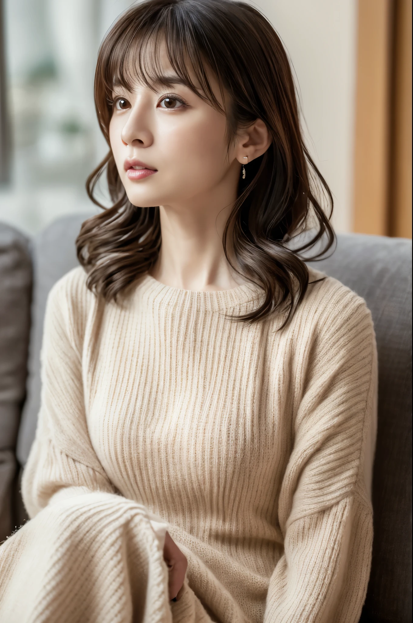 highest quality, masterpiece, High resolution, Photoreal, Raw photo, 8k wallpaper, perfection, professional lighting, very detailed, Depth of bounds written, ((Japan female in her 30s)), Slender, sexy, detailed face, beautiful eyes, bangs, straight hair, faint lips, ((look at the viewer, serious face)), knit dress, sitting on the sofa,