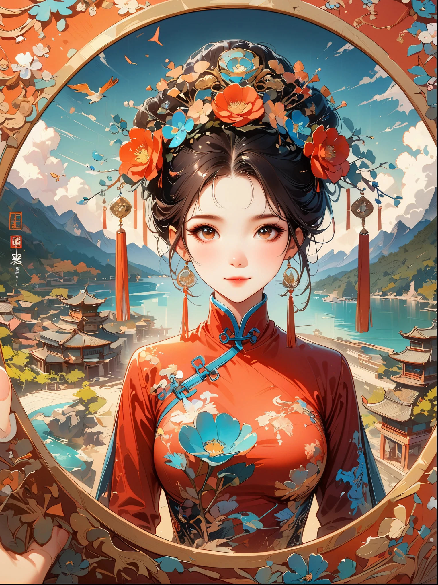 A beautiful young woman in traditional Chinese attire, surrounded by a lush garden. She is holding a parrot on her finger, gazing at it with gentle eyes. The woman's hair is styled in an elaborate updo adorned with flowers and traditional ornaments. Her dress is elegant, featuring fine silk with floral embroidery. The garden is in full bloom, with peonies and other flowers providing a backdrop. The scene captures the serenity and beauty of classical Chinese art, with a touch of nature harmony，Chinese illustration，flat illustration，Marker drawing，color ink on paper，vector illustration