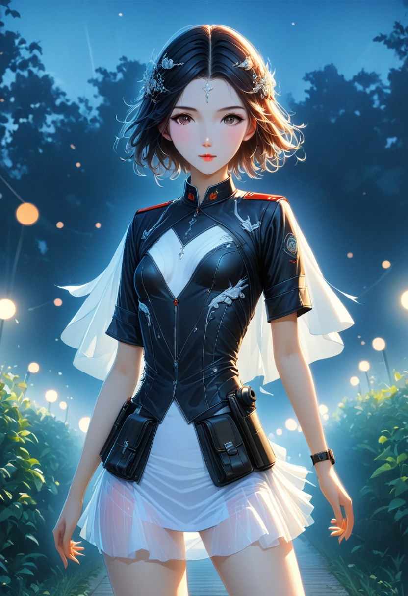18 years old female, long hair, original photo, Bokeh (realism: 1.4, actual), High-detail CG unified 8K wallpaper, 1 girl, ((slim: 1)), (small breastss: 1), Return to viewer, ((Direct view from the front)), (Headquarters skin: 1.4), 8K Ultra HD, DSLR camera, soft light, high quality, film grain, Fuji XT3, ((Uniforms, short skirt,see through skirt:1.5)), ((outdoor, in the park))) Long beads, portrait,((layered short hair, black hire,small breasts:1.2)),(looking at the audience:1.4),(whole body:1.8)