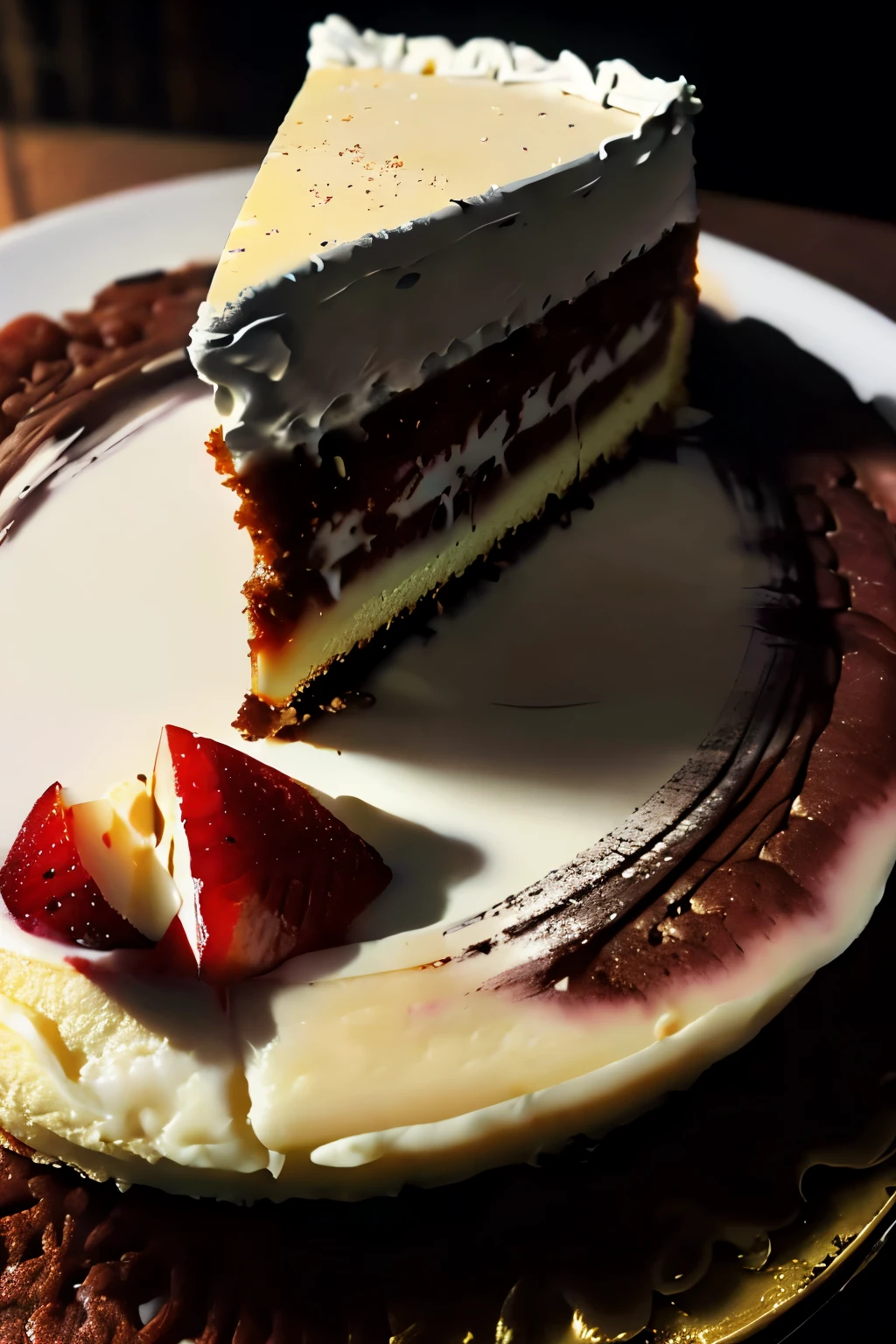 Photorealistic Appetizing slice of cherry cheesecake with chocolate, delicious, fragrant, close-up, highly detailed, intricate detail, raw photo, lifelike rendering, immersive atmosphere, chiaroscuro, moody lighting, jortega ((covered in cheese cake))