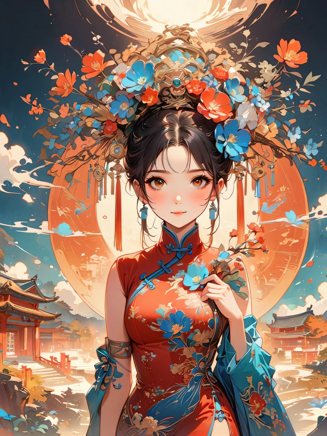 A charming Chinese girl wearing an elegant side-slit cheongsam,a stunning spring scene。Her charming smile and graceful pose are the focus of this medium shot,Her entire figure is on display against an epic backdrop。Illustrations should reflect the golden section,have beauty、Dramatic lighting and epic composition。Striving to create masterpieces of the highest quality,Featuring extremely detailed characters and backgrounds。Use cinematic quality lighting and professional camera angles to enhance the beauty of your scenes,(first-person view, pov, UHD, retina, masterpiece, ccurate, anatomically correct, textured skin, super detail, high details, best quality, 8k, Chinese illustration,flat illustration,Mark strokes,Colored ink on paper,Vector illustration)