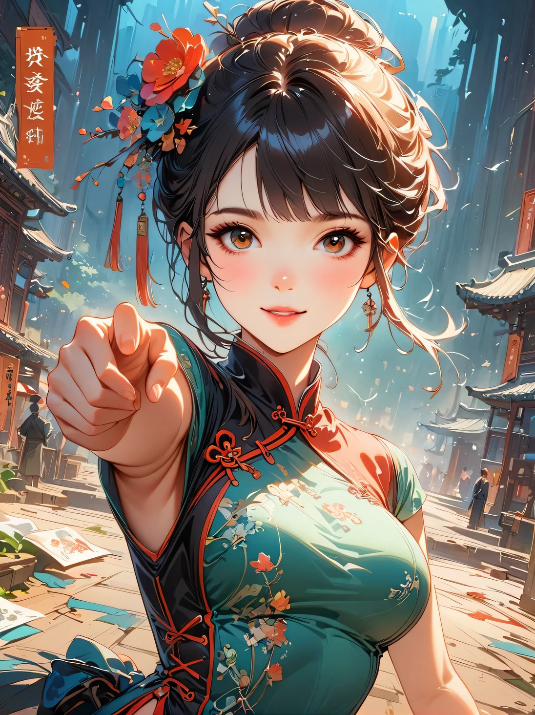 A beautiful young woman in traditional Chinese attire, surrounded by a lush garden. She is holding a parrot on her finger, gazing at it with gentle eyes. The woman's hair is styled in an elaborate updo adorned with flowers and traditional ornaments. Her dress is elegant, featuring fine silk with floral embroidery. The garden is in full bloom, with peonies and other flowers providing a backdrop. The scene captures the serenity and beauty of classical Chinese art, with a touch of nature harmony，Chinese illustration，flat illustration，Marker drawing，color ink on paper，vector illustration