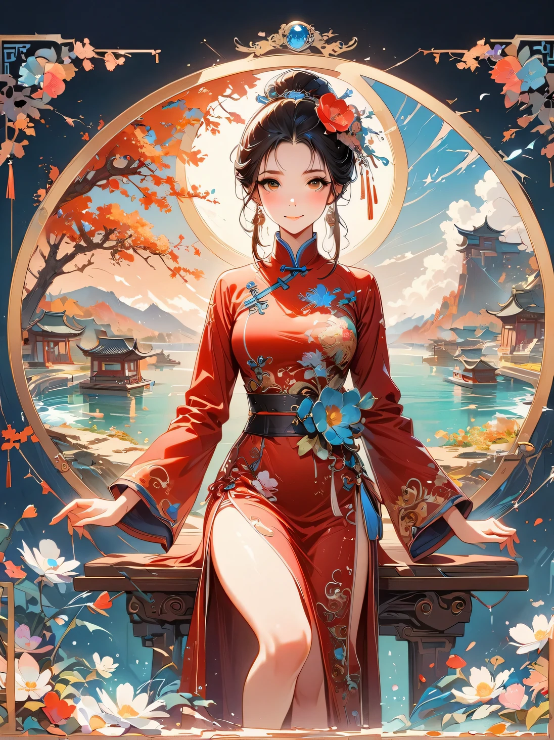 A beautiful young woman in traditional Chinese attire, surrounded by a lush garden. She is holding a parrot on her finger, gazing at it with gentle eyes. The woman's hair is styled in an elaborate updo adorned with flowers and traditional ornaments. Her dress is elegant, featuring fine silk with floral embroidery. The garden is in full bloom, with peonies and other flowers providing a backdrop. The scene captures the serenity and beauty of classical Chinese art, with a touch of nature harmony，Chinese illustration，flat illustration，Marker drawing，color ink on paper，vector illustration