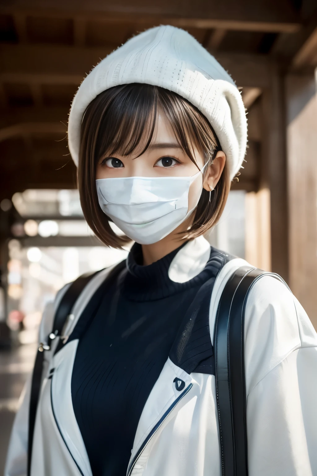 (((station:1.3, stationのプラットホーム, Photographed from the front))), ((mask:1.4, medium bob:1.3, maskをした日本人女性, white coat, blue knit, cute)), (clean, natural makeup), (highest quality, masterpiece:1.3, 超High resolution), (Super detailed, caustics), (realistic:1.4, RAW shooting), very detailed, High resolution, 16K resolution