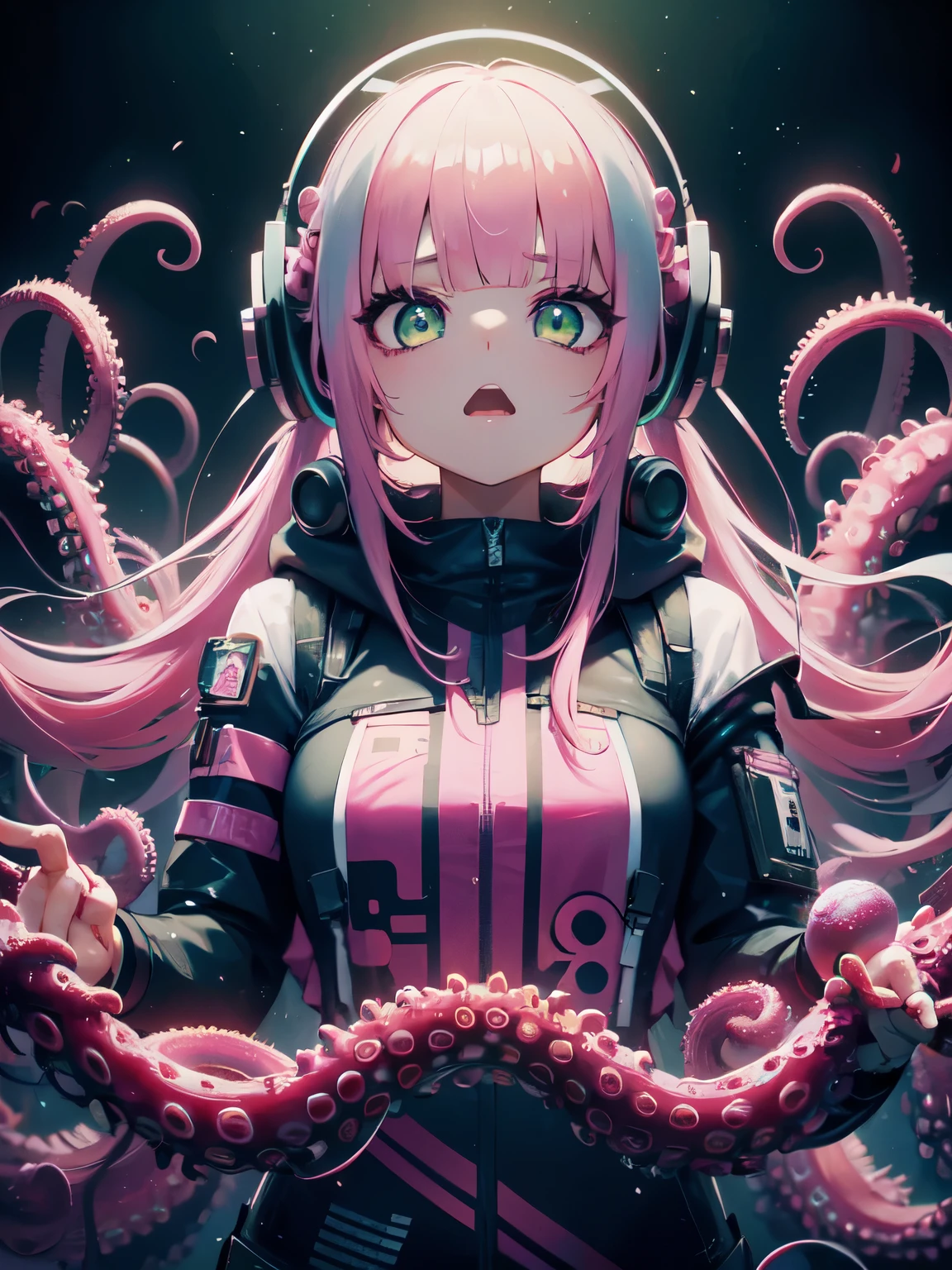 headphones🎧、pink hair、twin tails、blunt bangs、white hood、(high quality), (masterpiece), (be familiar with), 8K, surreal depiction of the future (1 girl 1.2), Japanese character entangled in cybernetic octopus tentacles、A dynamic fusion of organic and technical elements is captured in this visually stunning composition Green Eye、