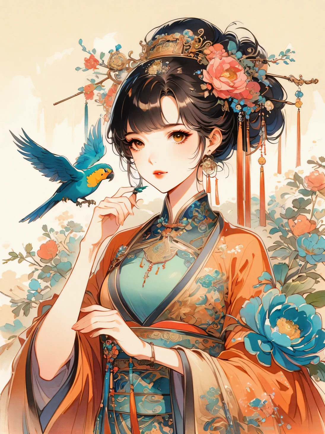 A beautiful young woman in traditional Chinese attire, surrounded by a lush garden. She is holding a parrot on her finger, gazing at it with gentle eyes. The woman's hair is styled in an elaborate updo adorned with flowers and traditional ornaments. Her dress is elegant, featuring fine silk with floral embroidery. The garden is in full bloom, with peonies and other flowers providing a backdrop. The scene captures the serenity and beauty of classical Chinese art, with a touch of nature harmony，Chinese illustration，flat illustration，Marker drawing，color ink on paper，vector illustration