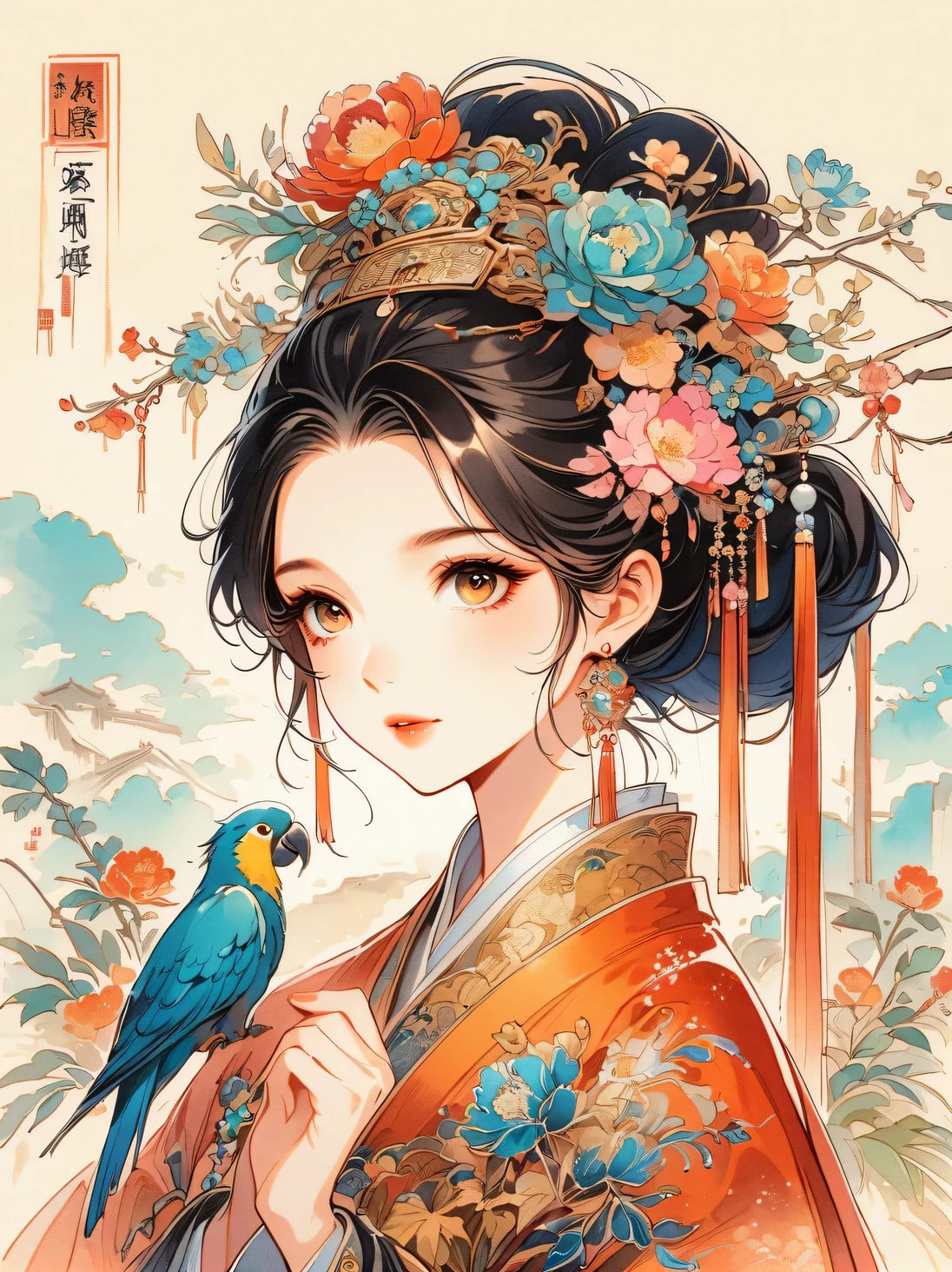 A beautiful young woman in traditional Chinese attire, surrounded by a lush garden. She is holding a parrot on her finger, gazing at it with gentle eyes. The woman's hair is styled in an elaborate updo adorned with flowers and traditional ornaments. Her dress is elegant, featuring fine silk with floral embroidery. The garden is in full bloom, with peonies and other flowers providing a backdrop. The scene captures the serenity and beauty of classical Chinese art, with a touch of nature harmony,Chinese illustration,flat illustration,Marker drawing,color ink on paper,vector illustration