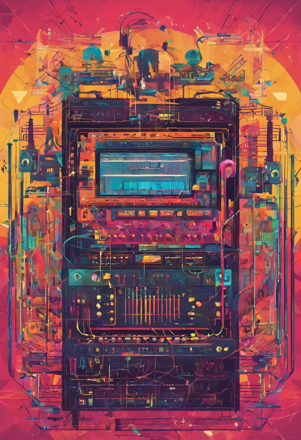 modular synthesizer, many colorful cables, bright glowing flowers grow from the cables, cinematic picture, rays of light, vintage frame, sound systems