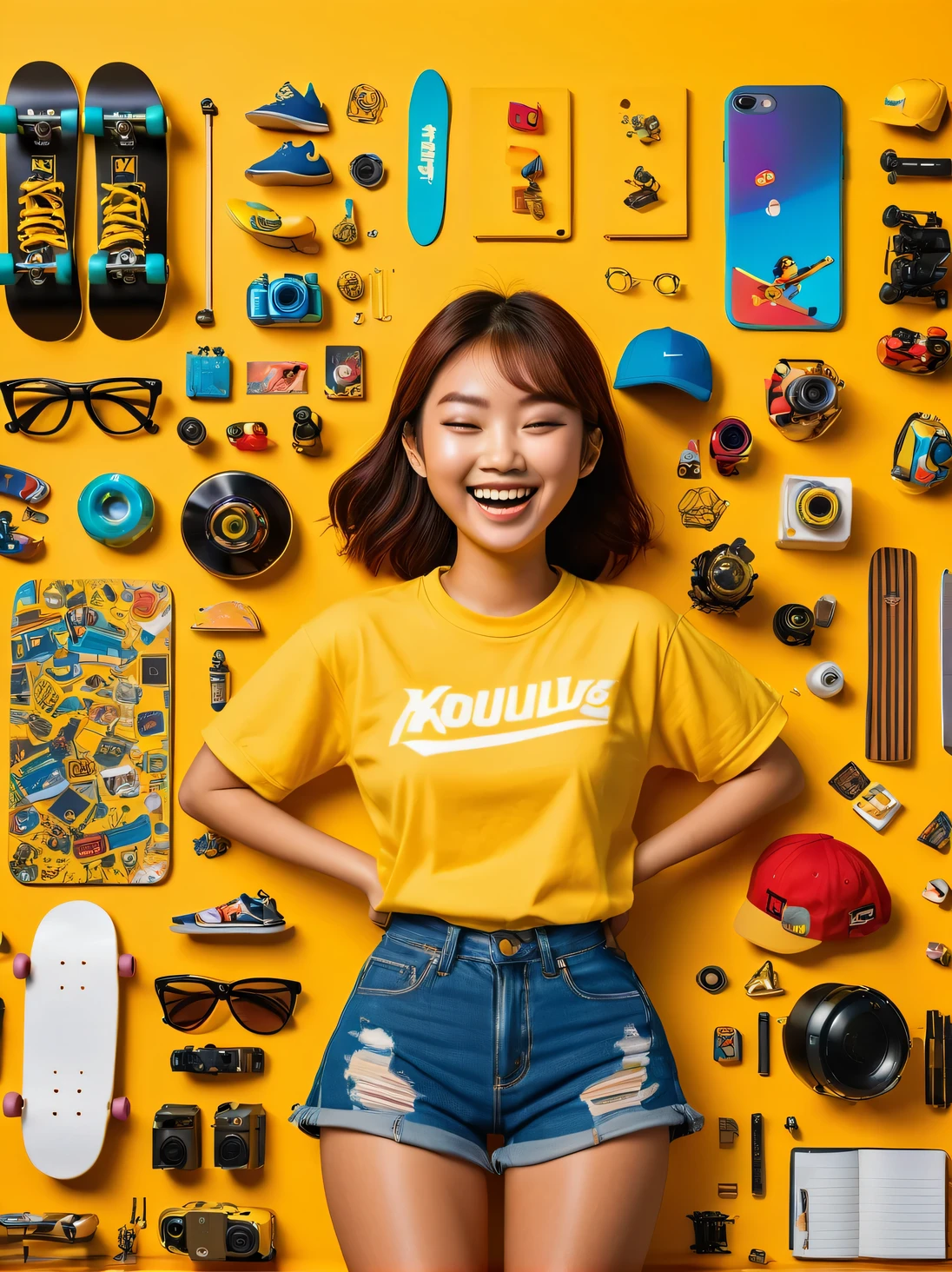 Asian face young girl,laughing expression,Perfect body,skateboard clothing,gear and accessories,knolling layout organized on a table,person,knolling,3d,Cartoon,Pixar,pure yellow background