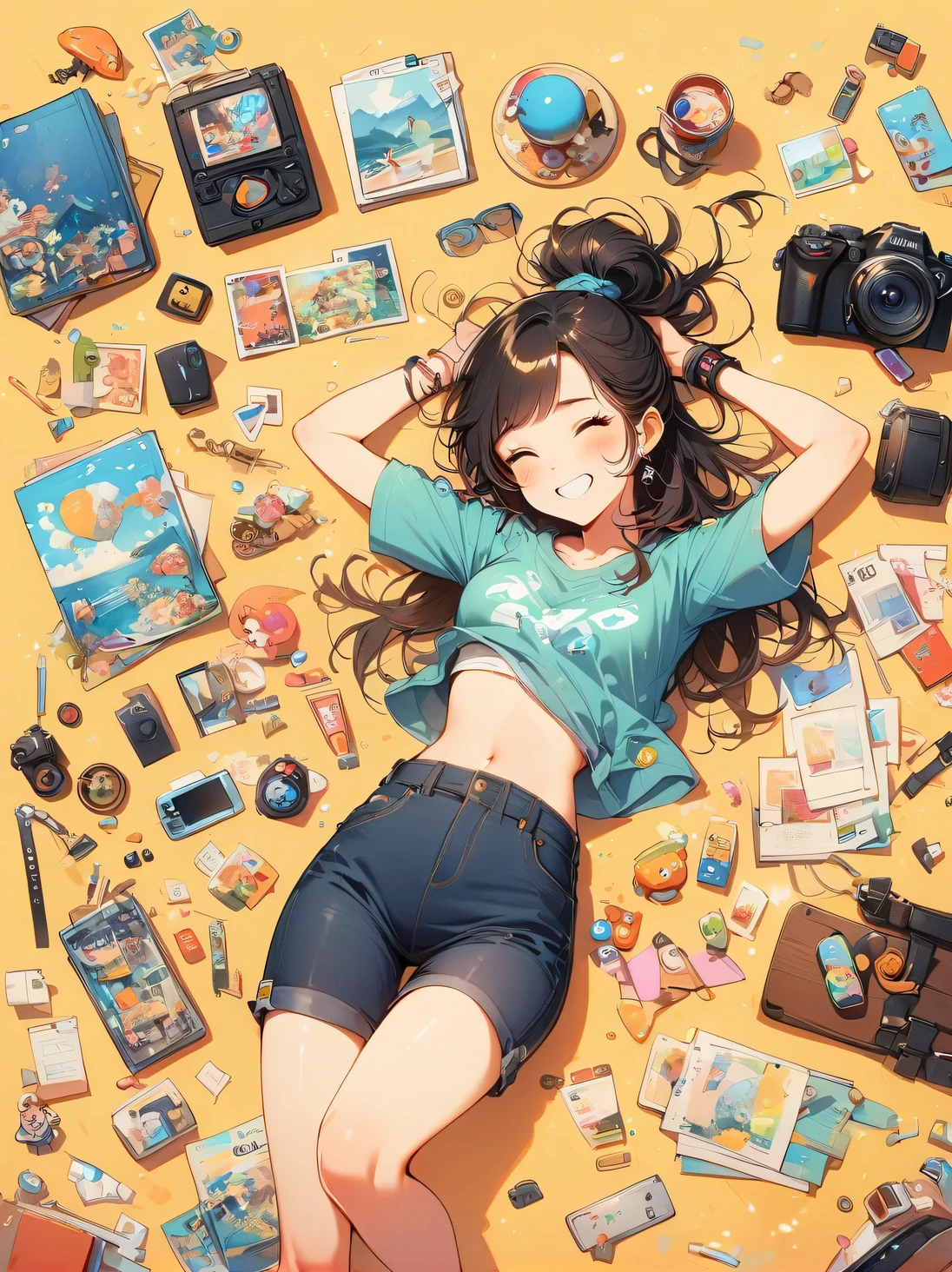 Asian face young girl,laughing expression,Perfect body,skateboard clothing,gear and accessories,knolling layout organized on a table,person,knolling, Cartoon,Pixar,pure yellow background