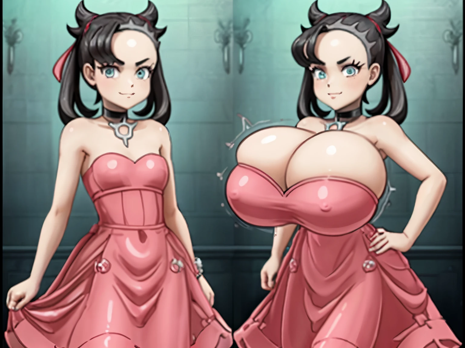 ((masterpiece,best quality)), absurdres, marnie, aqua eyes, black choker, red ribbon, ((pink_dress)), jewelry, open clothes, smiling, looking at viewer, cowboy shot,  cinematic composition,  contrapposto, large breasts, microdress, crochet dress, (strapless dress), ((breast expansion)), sleeveless dress