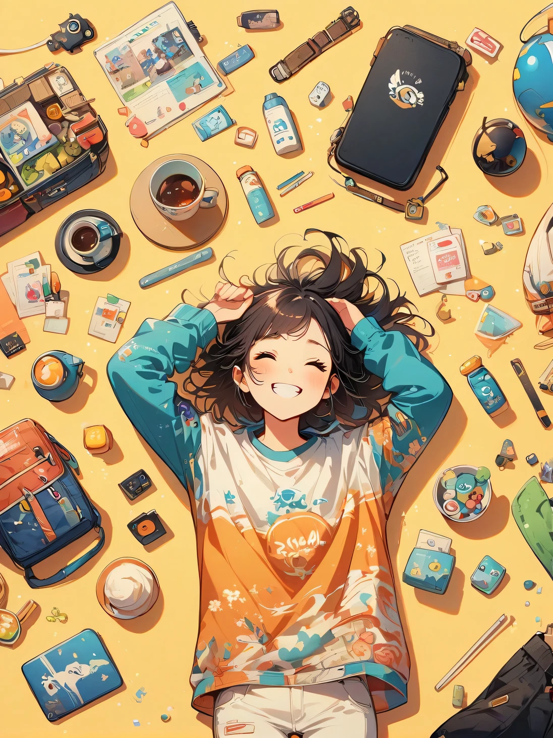 Asian face young girl,laughing expression,Perfect body,skateboard clothing,gear and accessories,knolling layout organized on a table,person,knolling, Cartoon,Pixar,pure yellow background