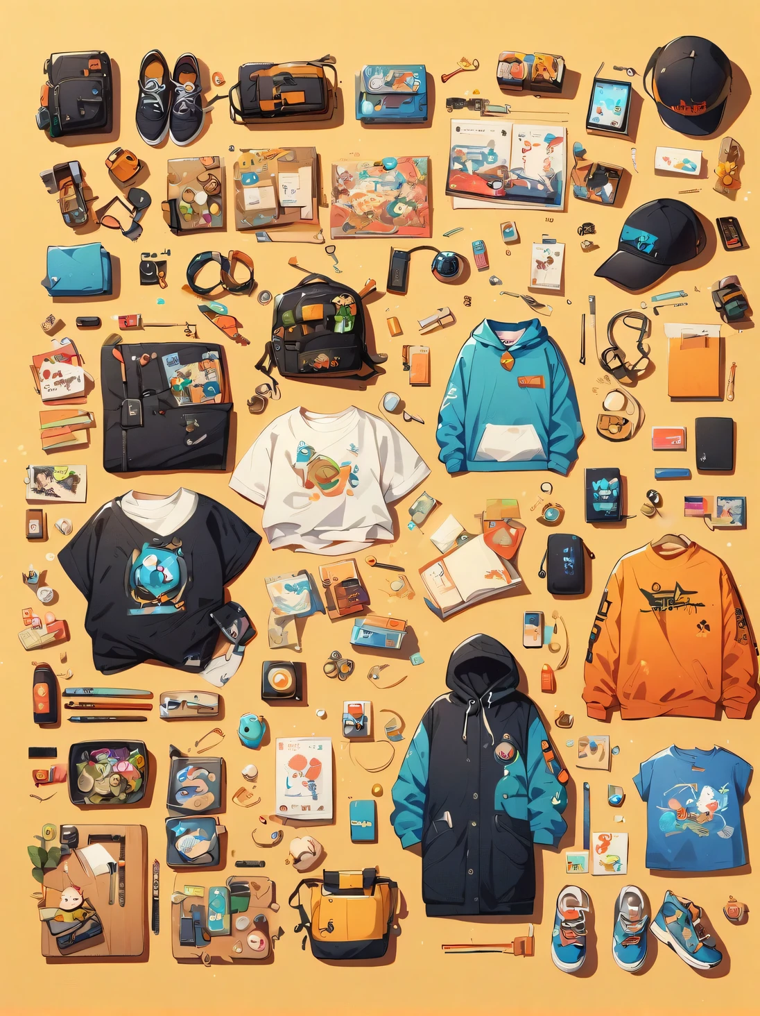 Asian face young girl,laughing expression,Perfect body,skateboard clothing,gear and accessories,knolling layout organized on a table,person,knolling, Cartoon,Pixar,pure yellow background