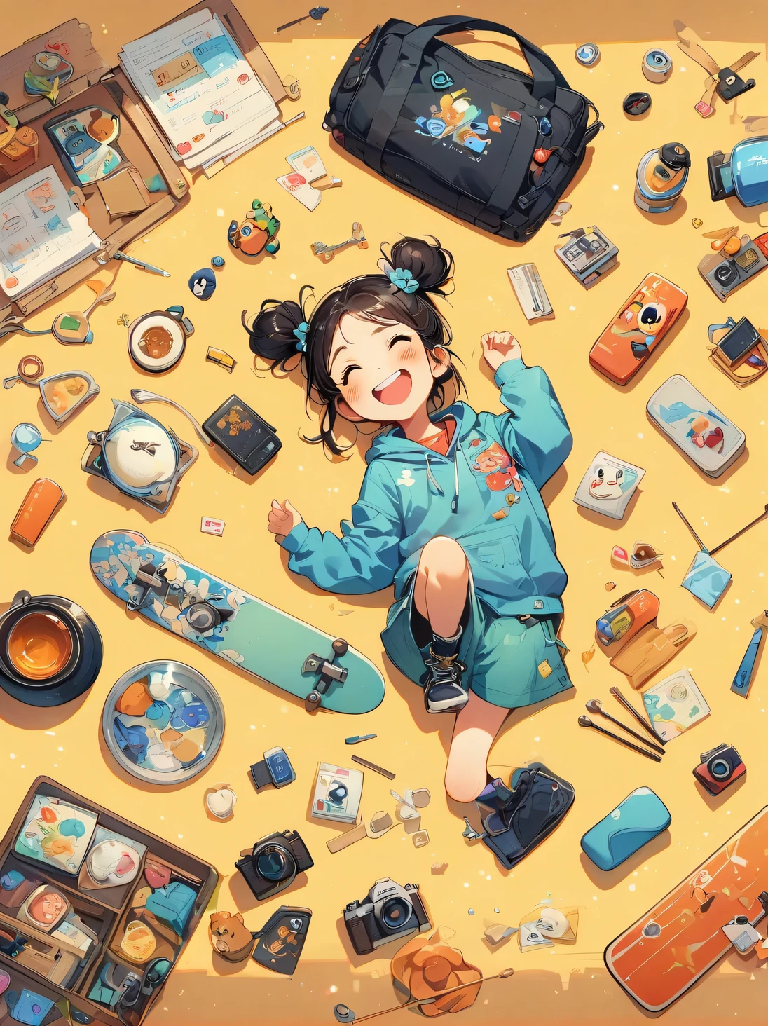 Asian face young girl,laughing expression,Perfect body,skateboard clothing,gear and accessories,knolling layout organized on a table,person,knolling, Cartoon,Pixar,pure yellow background