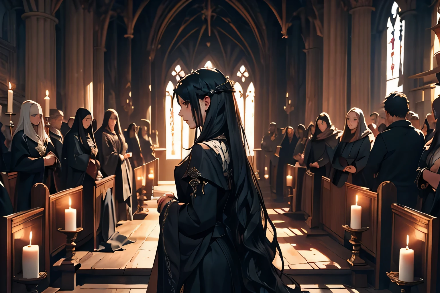 llustration of a sorrowful girl with flowing long black hair, depicted from behind at a somber medieval funeral setting. The scene exudes a melancholic atmosphere with themes of mourning.