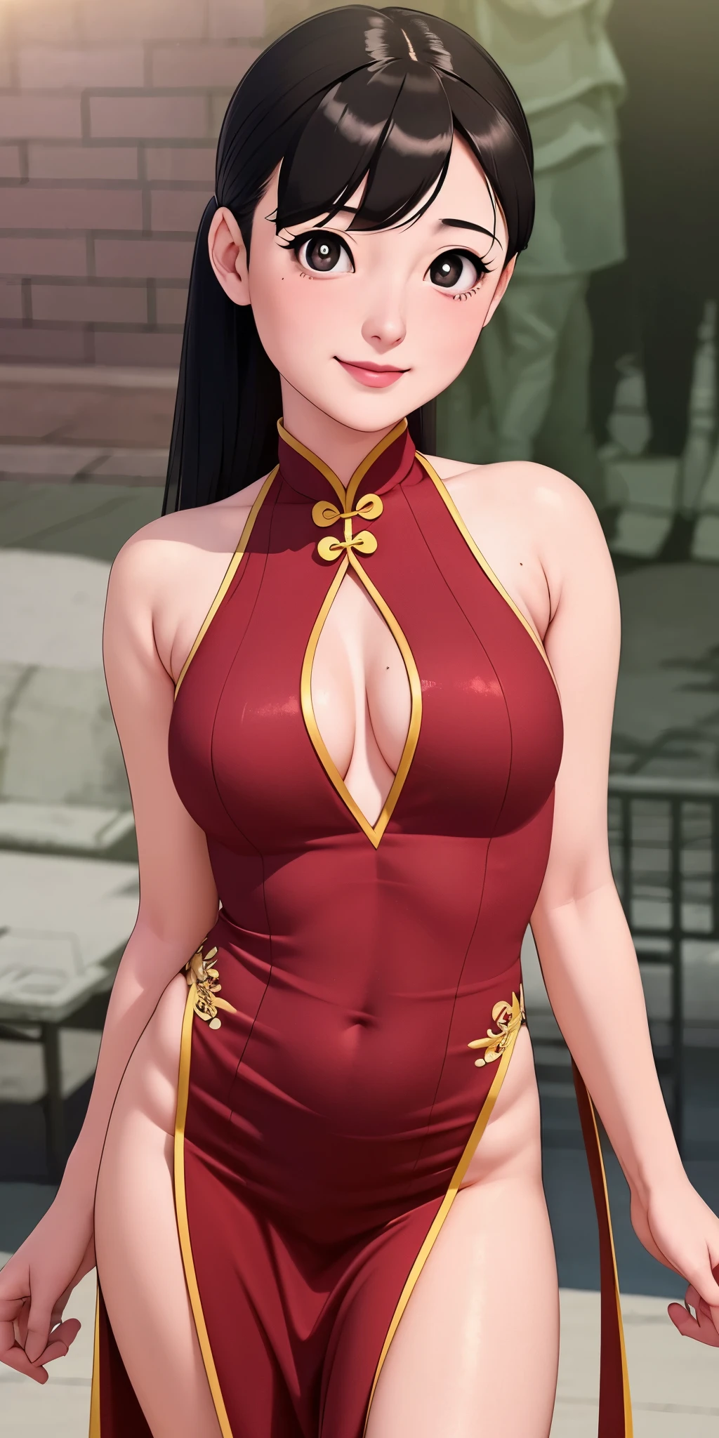 ((best quality)), ((masterpiece)), (detailed), perfect face,light blush,smile,detailed pupils,cowboy shot, , ( ,), looking at viewer,beautiful woman girl,(skindentation:1.2), shiny skin, best quality, ultra high res, (photorealistic:1.4),hot,shizuka,wearing chinese sexy dress