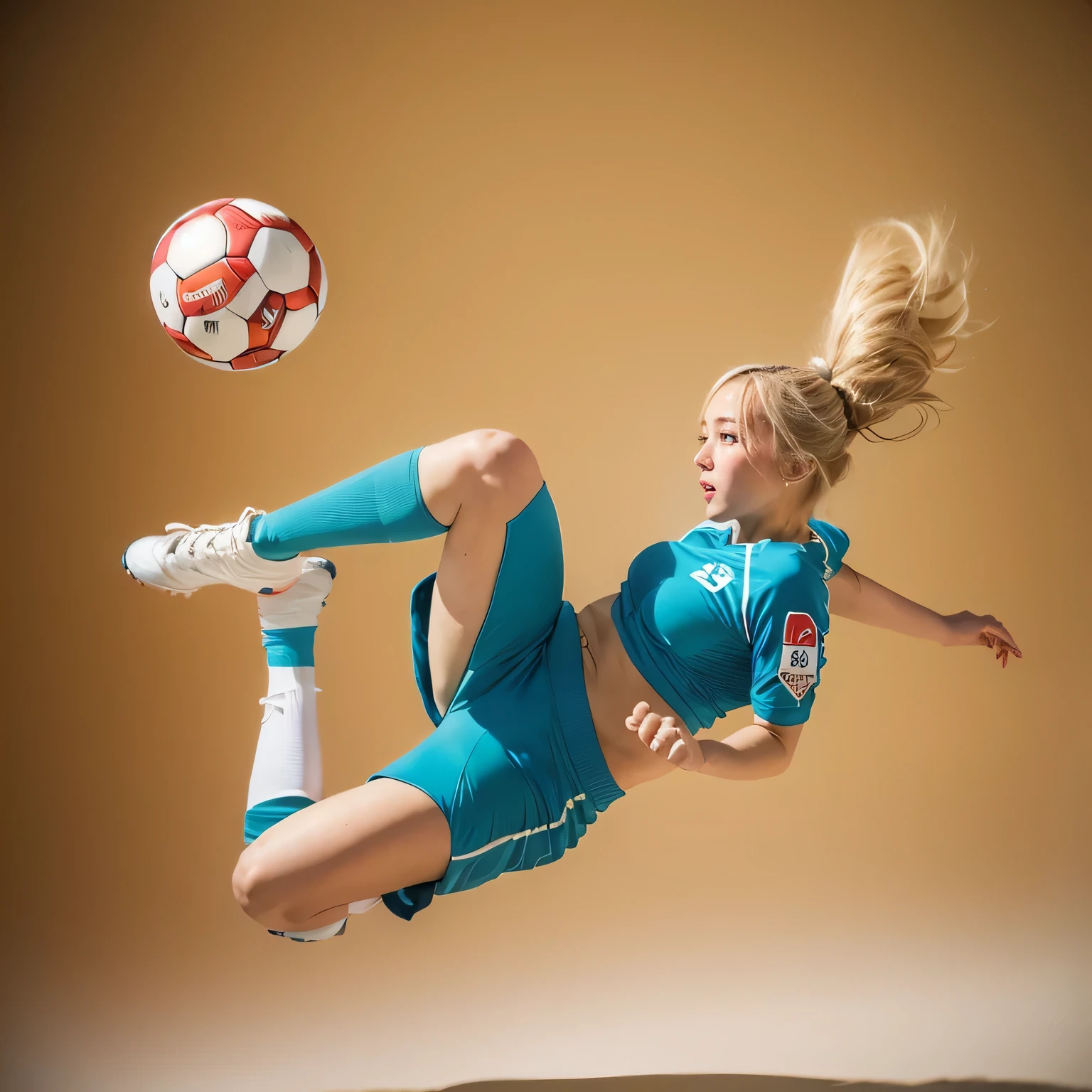 Top quality, 55mm lens,f/1,(full body:1.5), looking at soccer ball,
solo,1 beautiful japanese woman,beautiful eyes,bright pupils,Outraged,delicate face,detailed skin,perfect hands,perfect fingers,Blonde Hair,[Brown inner hair:1.35], wearing Sports bra, football shorts, football boots, a soccer, jumping posture, white background,