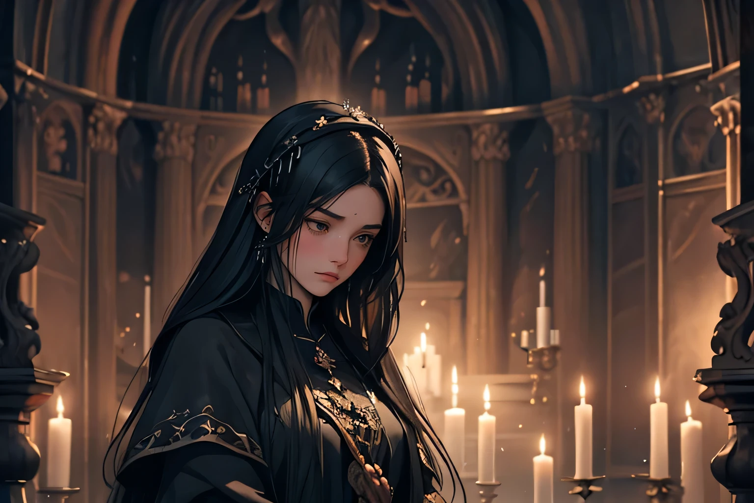 llustration of a sorrowful girl with flowing long black hair, depicted from behind at a somber medieval funeral setting. The scene exudes a melancholic atmosphere with themes of mourning.