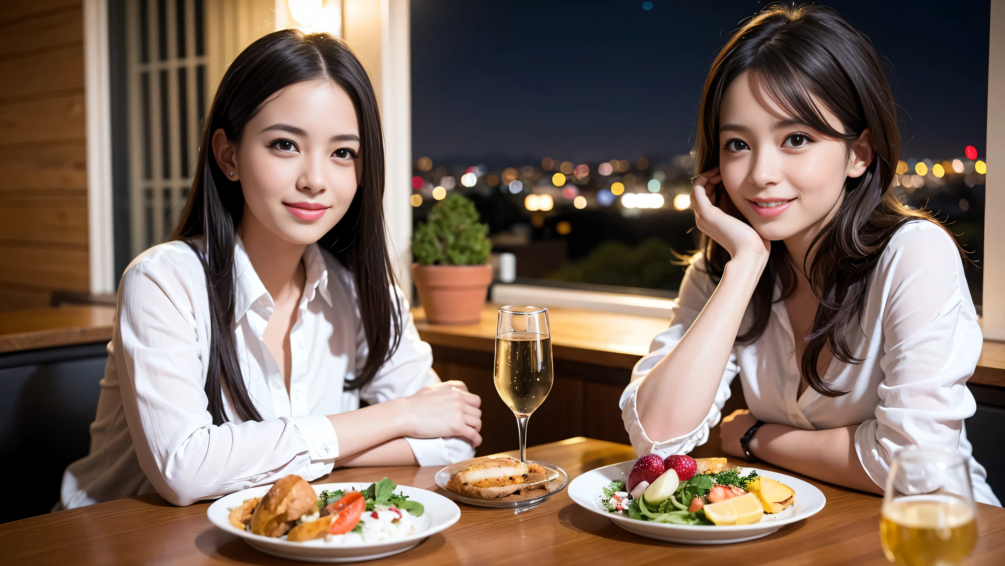 K, Hmm, highest quality, masterpiece: 1.2), (realistic, photorealistic: 1.37), Super detailed, 3 slim beauties, (slim face),Happy、 the best smile、Fox face、Berry Short、(because I&#39;thin), (brown hair), (shortcut), long sleeve shirt、winter fashion、Colombian、Brazilian、Japanese、Dutch、German、Portuguese、Belgian、Italian、French,Champagne、sparkling wine、 (squirt), (slim body), (brown hair), (shortcut), neat beauty、cheeks turn a little red, (35 years old), 38 years old, alone, A beautiful and detailed night view spreads out outside the window....., restaurant, wine glass is sitting, At night, in a prominent place (from the Upper body) nova frog style, actress, model, Upper body, White wine, slim, wine glass, Very beautiful night view, wine glass Put in the Middle, Happy smile, (smile: 1.15), 