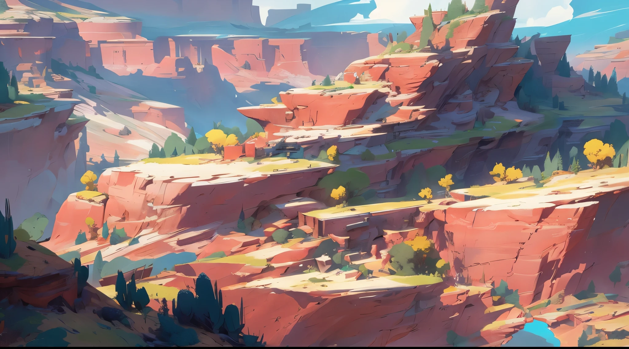 there is a painting of a mountain with a valley in the background, ross tran. scenic background, painterly concept art, digital painting concept art, colorful concept art, oil paint concept art, detailed digital concept art, concept art world, concept art wallpaper 4k, atey ghailan 8 k, color study, 2d concept art, silvain sarrailh