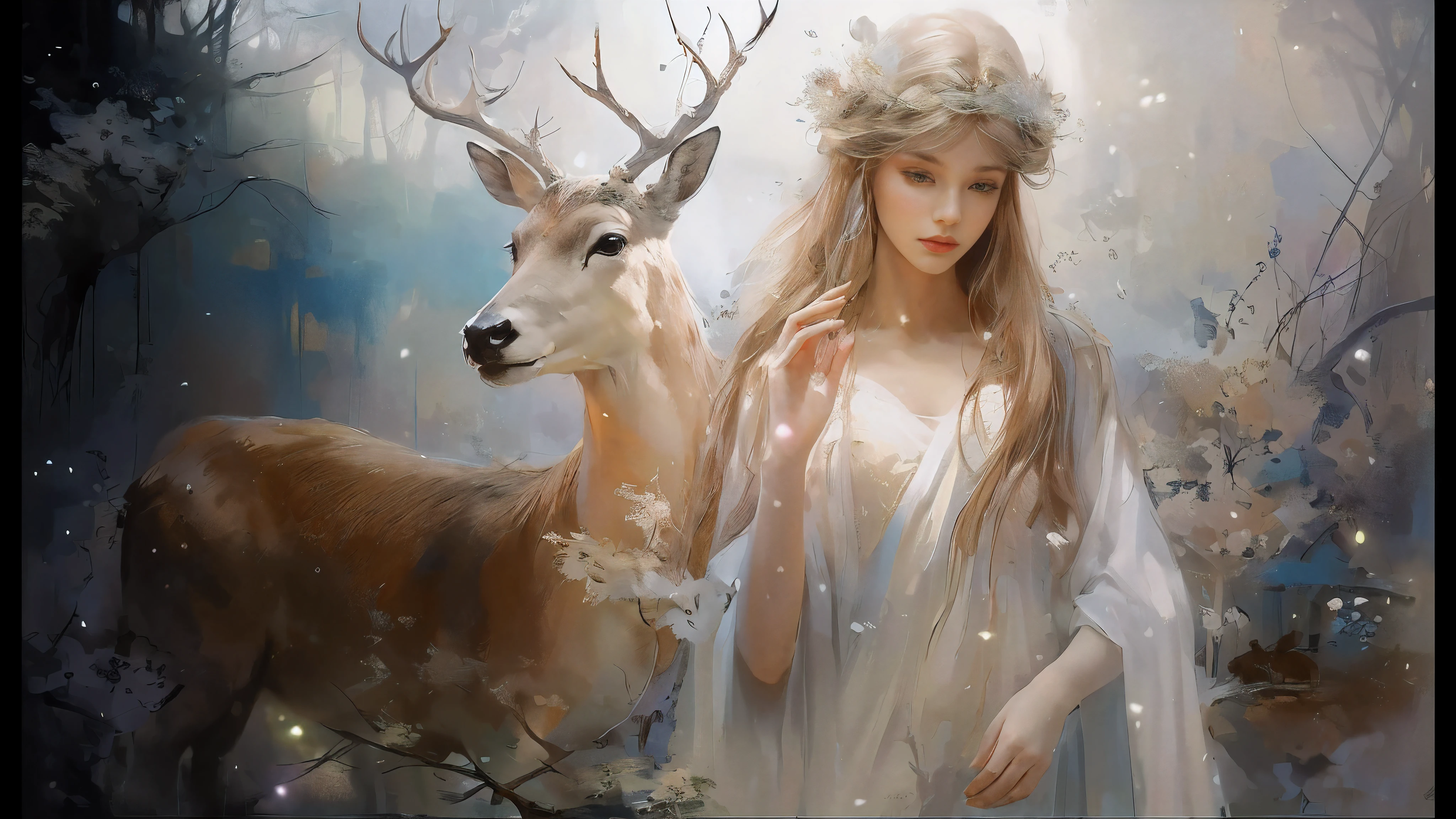 A painting of a woman standing with a deer in the forest, beautiful fantasy art, beautiful fantastic paintings, very beautiful fantasy art, beautiful animal pearl queen, fantasy beautiful, goddess of the forest, beautiful fantasy art portrait, Beautiful and gorgeous digital art, mysterious beauty, beautiful fantasy maiden, beautiful digital art, beautiful maiden, beautiful art, fantasy art style, enchanted with nature spirit，master piece, best high resolution，high quality content, 8K with great details 