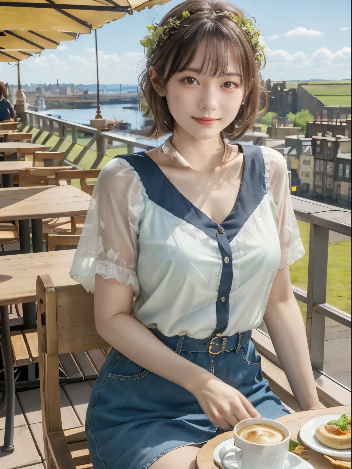 4k、high resolution、A girl is sitting at a round table outdoors in a cafe.、((wearing a white dress))、The background is the cityscape of Edinburgh seen from the cafe., Scotland、bright sunny blue sky、The sun seems warm、hills can be seen in the distance、There is a flock of sheep、Tartan check quilt cushion