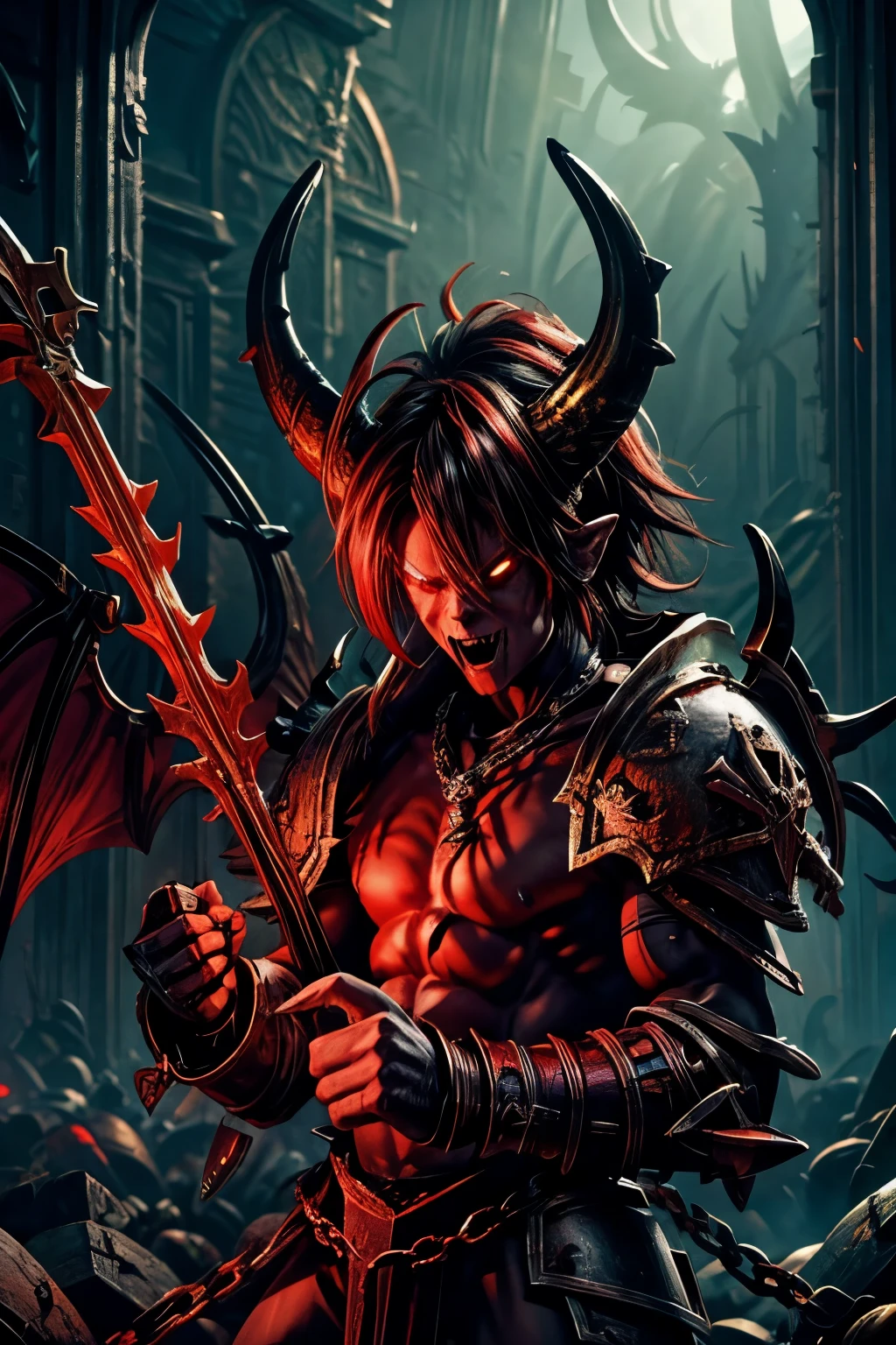 1 male, khornate berzerker, broken horn, red colored skin, fangs, drool, demon horns, demon wings, skull jewelry, chains, leather armor, shoulder armor, torn clothes, vambraces, brass armor, chain axe, claws, chaos, warhammer, WH40k, warhammer fantasy art