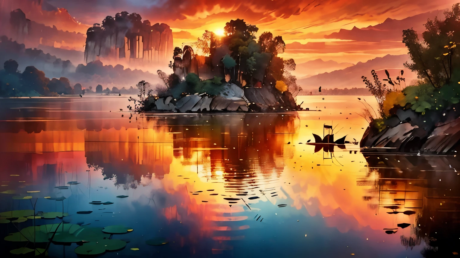 (8K, high resolution, masterpiece:1.2), Super detailed, actual:1.37, pond in evening, calm water, golden Sunset, peaceful atmosphere, gentle ripples, Lush green plants, Vibrant reflections, graceful lotus, peaceful environment, peaceful environment, subtle color palette, soft natural light, Sunset