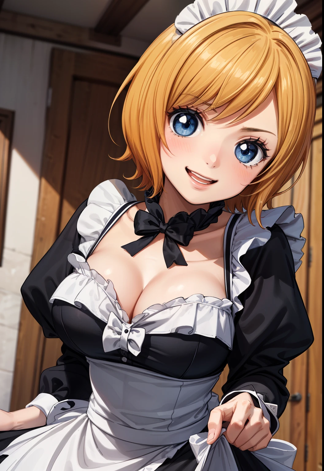 (from front:1.3), masterpiece, highest quality, 8K, High resolution, highest quality, anime style, best writing, beautiful face, masterpiece、High resolution、koala, best fingers, best eyes, (beautiful makeup:1.1), (charming eyes:1.3)、beautiful blonde, short hair、blue eyes、big breasts, (maid dress:1.3), (black dress:1.3), (white brim:1.3)、(cuffs:1.3)、best smile、blush, open your mouth, (close up:1.3), free pose, Antique Shop, antique items