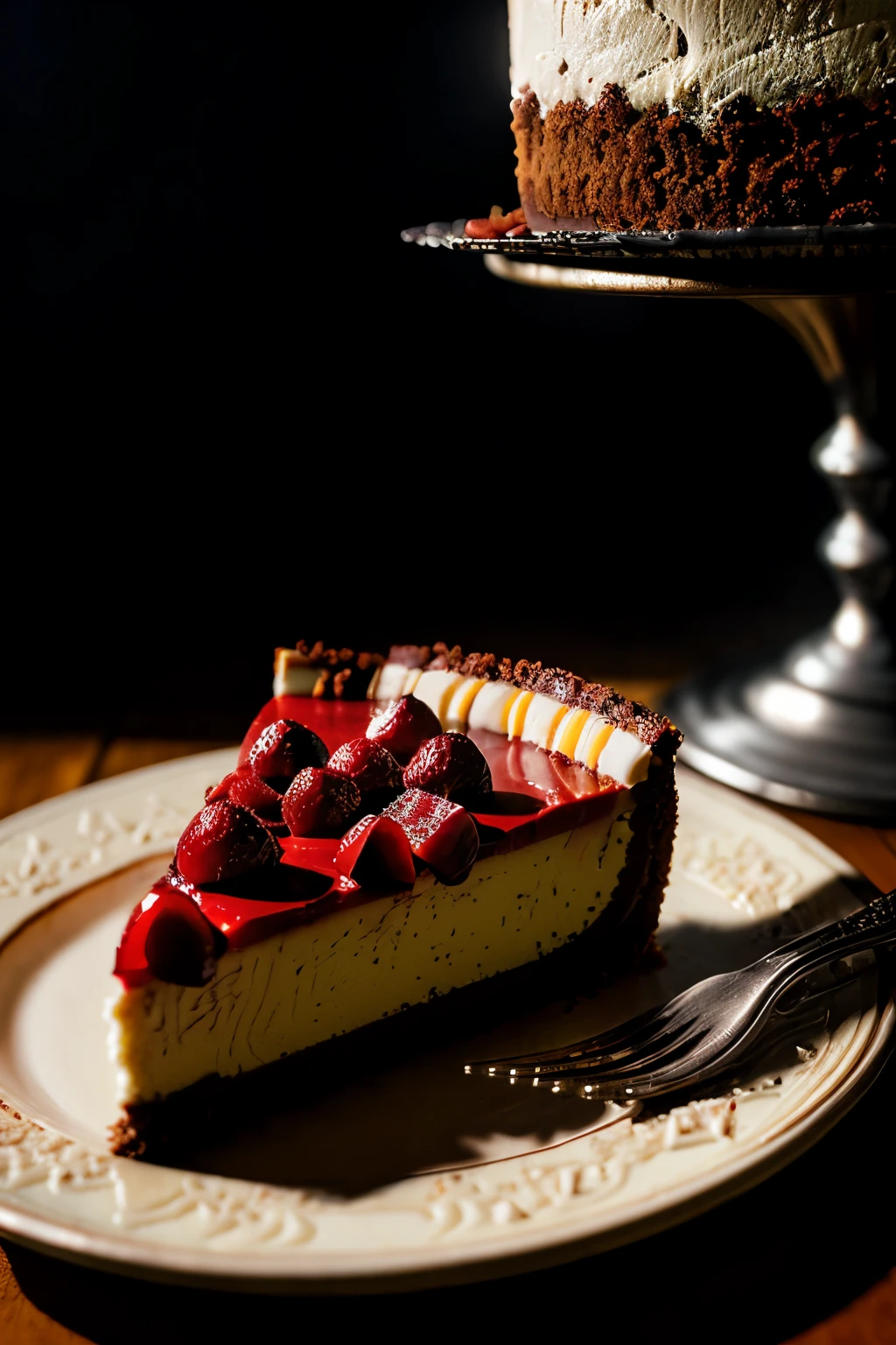 Photorealistic Appetizing slice of cherry cheesecake with chocolate, delicious, fragrant, close-up, highly detailed, intricate detail, raw photo, lifelike rendering, immersive atmosphere, chiaroscuro, moody lighting, jortega ((covered in cheese cake))