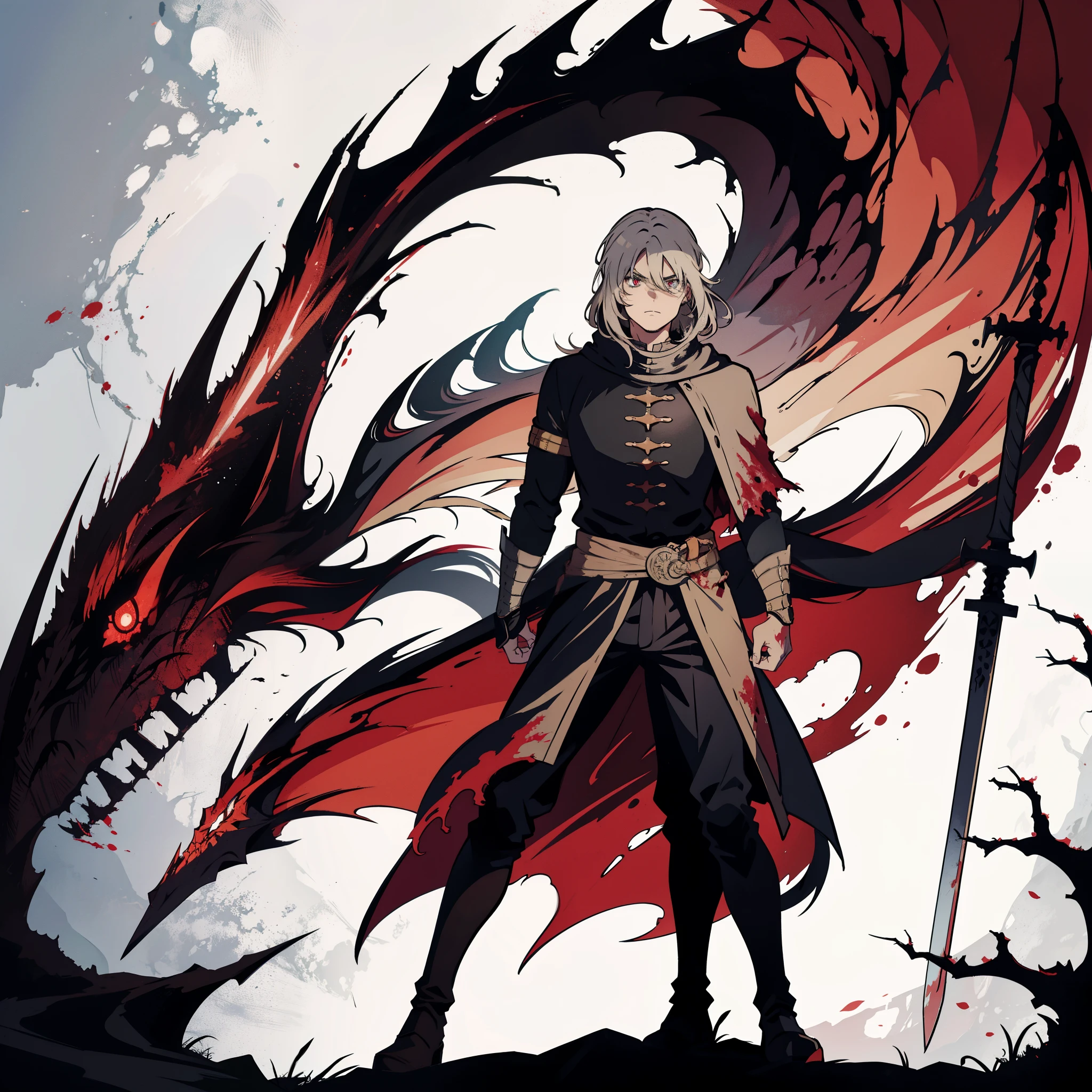 2D, 1man, Rhaegar - Eyes narrowing in response to the grotesque creatures emerging from the shadows, each wielding a blood-covered sword. A strong and resolute expression as he prepares for the impending battle.