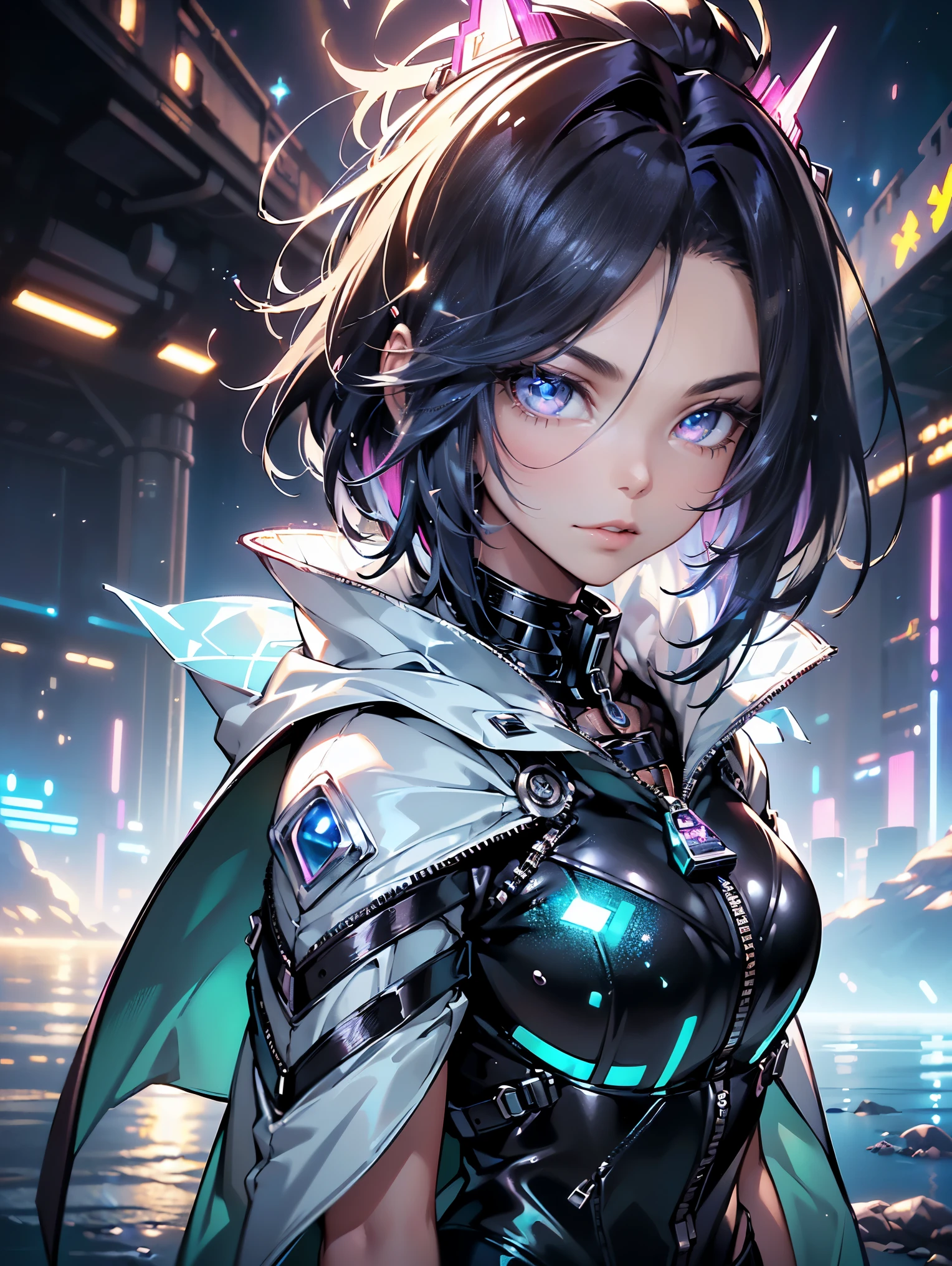  space punk,(((1个Giant Breast Girl))),((Beautiful girl in space suit)),Honey,1 female,((milf,busty mom,Mature,Mature的女人,45 years old，woman,AS-Adult)), (full:1.4),Breast sagging,(((black hair color hair:1.4,straight hair,long white hair:1.4,white tuff:1.3,Colored inner hair))),(((cape verde_Eye:1.3))),复杂的Eye睛,美丽细致的Eye,对称的Eye睛,(((Glossy and shiny skin:1.5,glowing skin: 1.5,tanned skin,glowing skin,Skin is very shiny,shining body,plastic glitter skin,Exaggerated glowing skin,glowing skin,penas mulhadas))),(lower abdomen,Willow Yao,full的臀部,silver wave body,inflatable legs,detailed body,(Detailed face)), continue,debauchery,Tempting,,(((National Science Foundation))), revealing clothes,show skin,((Lower chest:1.5)),(felling),((space suit, green space clothing,short sleeve space suit)),(Wearing a space suit:1.3,space suit clothes),((Zipper set, - Open the zipper slightly))),((wet clothes,intricate clothing,complicated clothes)), (dynamic poses:1.0),Focus individually,embarrassing,(In the center,Scale to fit dimensions,rule of thirds), Waterfront cyberpunk city by night, There are bright neon lights and dark storm clouds and puddles, landscape:1.25,night, starry night, universe,dark night，Neon lights are particularly eye-catching, very bright neon light,night, starry night, universe, art photography,(Photo by sldr),, lock focus,(Super detailed, The content is very detailed), (realistic art:1.37),(Extremely detailed CG unified 8K wallpaper),((Synthwave Basic Theme)),(((Bright colors))),complex,(complex的背景),(main part),(best quality),Perfect face,Perfect facial details,Realistic face,Realistic photos,analog style,((intricate details)),(((endless realism))),
