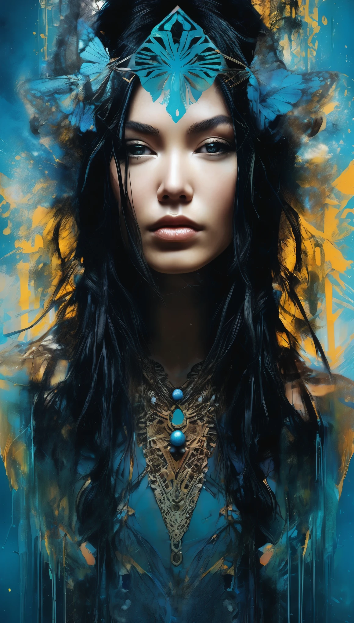 ultra-detailed artistic abstract beautiful indigenous woman with long black hair, magic with bioluminescent filigree, geometric photography, 32k fashion abstract poster, detailed symmetrical blue eyes with circular iris, natural body posture by artist russ mills, art by alberto seveso, by Carne Griffiths, by Wadim Kashin, symmetrical, abstract art style, sharp eyes, digital painting, burst of color, concept art , volumetric lighting, by GIlSam-paio octane rendering depicting innovation and truth, 8k, by Lee Jeffries, Alessio Albi, Adrian Kuipers, glamour, intricate detailed environment, lace, smudges , dark background, masterpiece, ornate, depth - studio Gs perfecty.