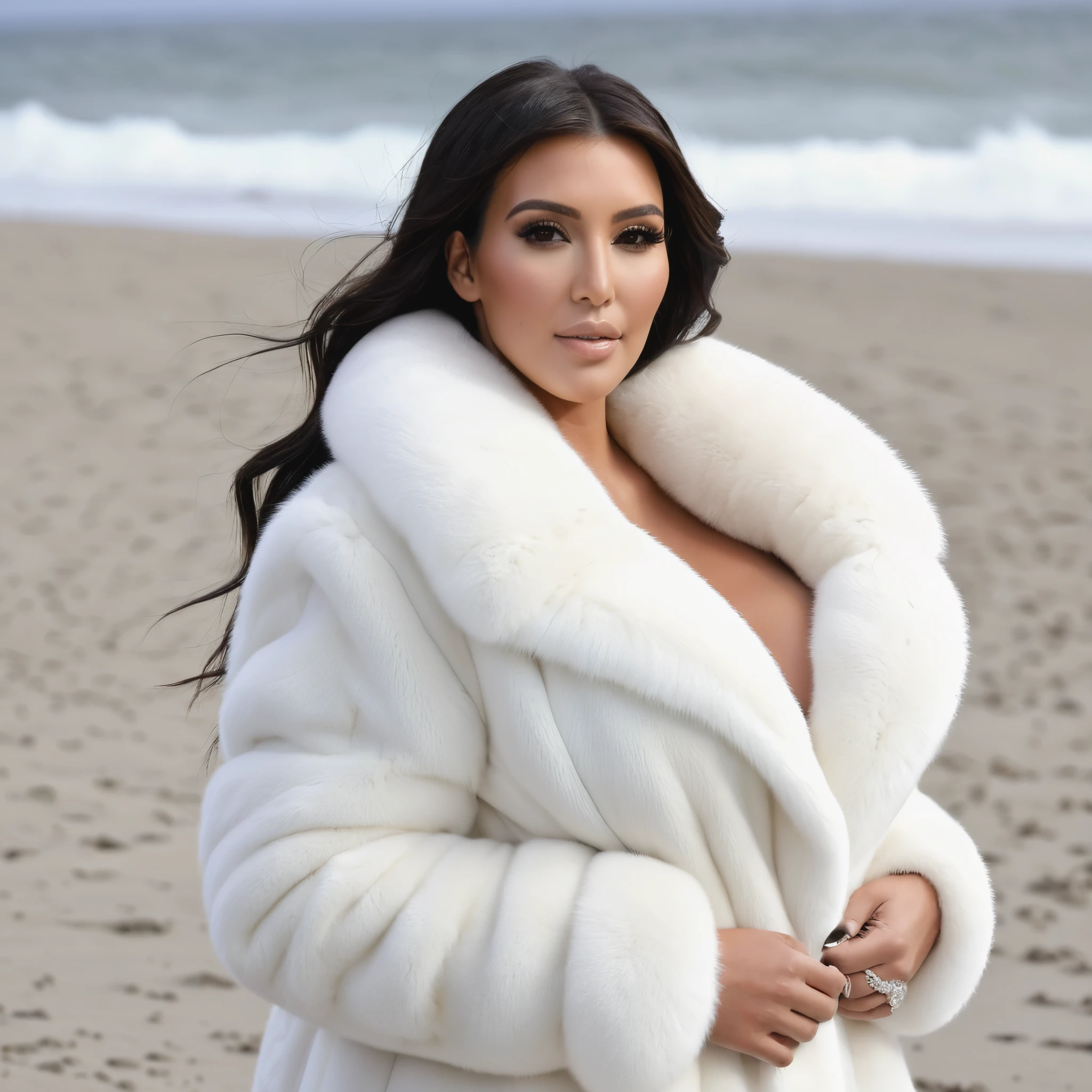 A very wide and very thick, manteau de fourrure en vison blanc, fifty centimeters thick, duveteux, naturel, with an ultra thick white mink fur collar, three layers, sur Kim Kardashian, alone in Pebble Beach , bare shoulders, and two large breast semi covered by the fur,