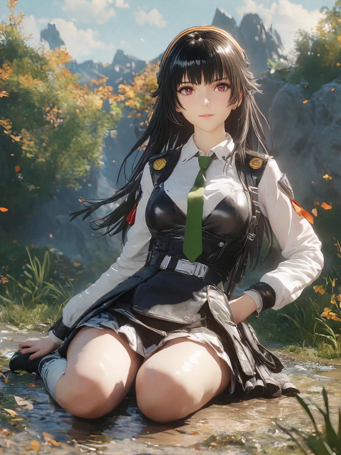 diy2，Highest quality, ultra-high definition, masterpieces, 8k, realistic, anime styled, 3d render，anime girl sitting on the ground in a field with a green tie, anime visual of a cute girl, marin kitagawa fanart, fine details. girls frontline, smooth anime cg art, from girls frontline, beautiful anime high school girl, girls frontline style, girl wearing uniform, girls frontline cg, painted in anime painter studio, makoto shinka, official art
