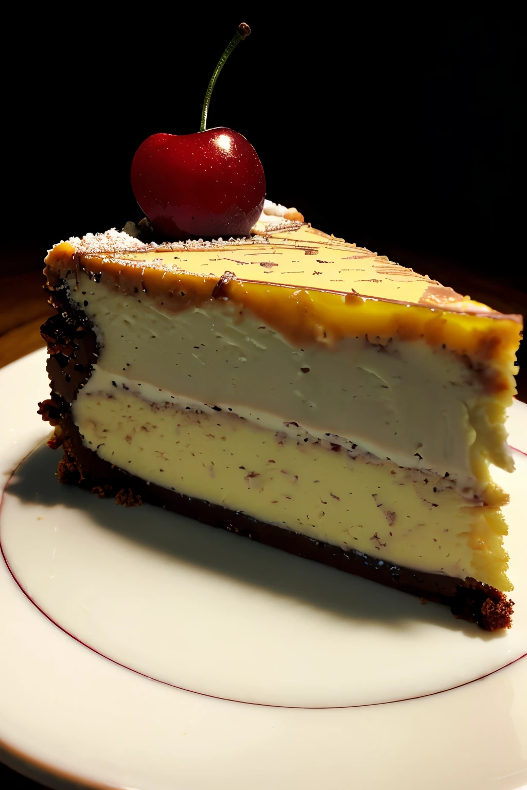 Photorealistic Appetizing slice of cherry cheesecake with chocolate, delicious, fragrant, close-up, highly detailed, intricate detail, raw photo, lifelike rendering, immersive atmosphere, chiaroscuro, moody lighting, jortega ((covered in cheese cake))