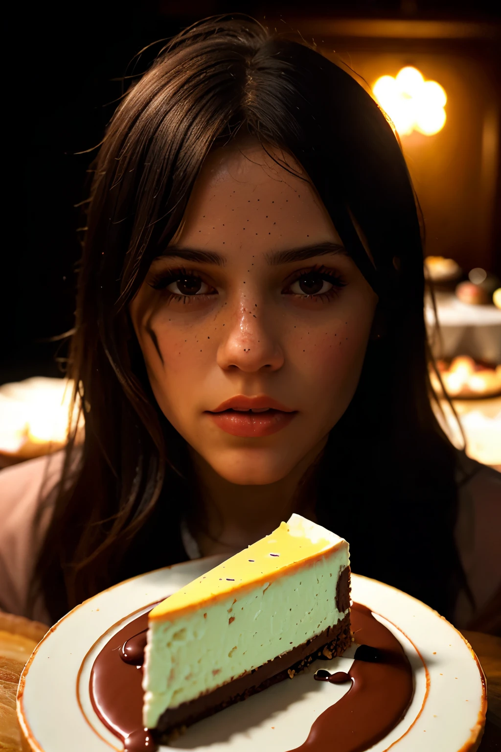 Photorealistic Appetizing slice of cherry cheesecake with chocolate, delicious, fragrant, close-up, highly detailed, intricate detail, raw photo, lifelike rendering, immersive atmosphere, chiaroscuro, moody lighting, jortega ((covered in cheese cake))