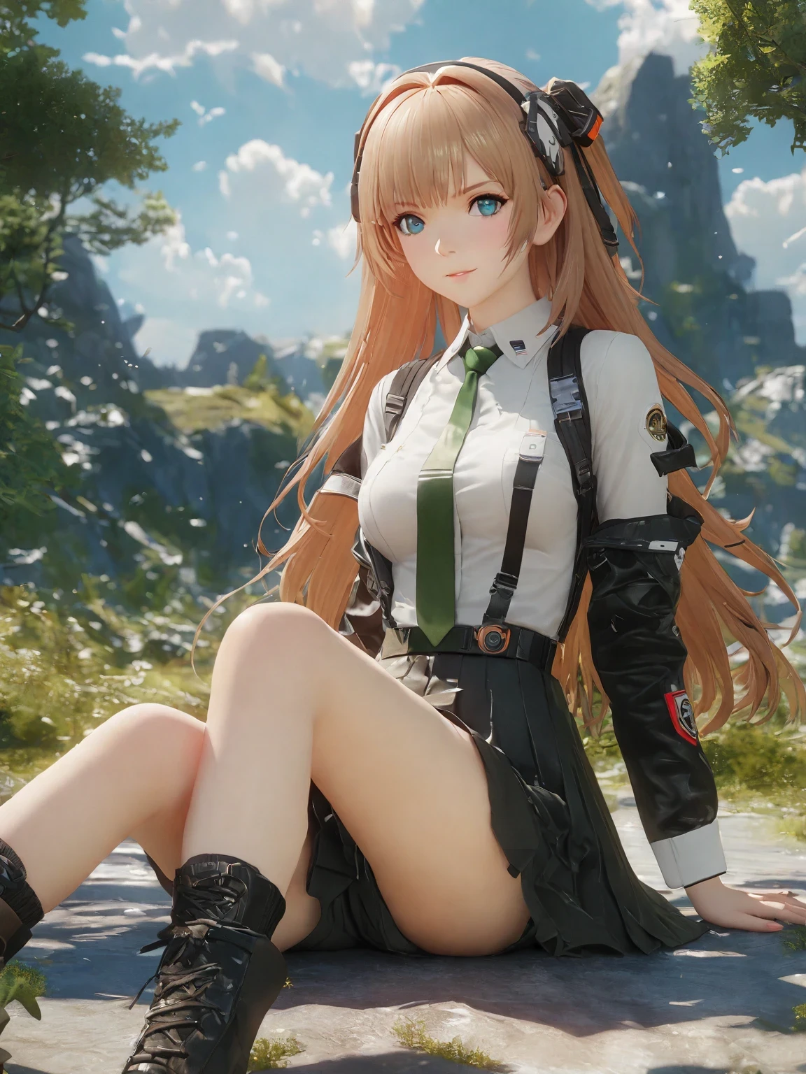 diy2，Highest quality, ultra-high definition, masterpieces, 8k, realistic, anime styled, 3d render，anime girl sitting on the ground in a field with a green tie, anime visual of a cute girl, marin kitagawa fanart, fine details. girls frontline, smooth anime cg art, from girls frontline, beautiful anime high school girl, girls frontline style, girl wearing uniform, girls frontline cg, painted in anime painter studio, makoto shinka, official art
