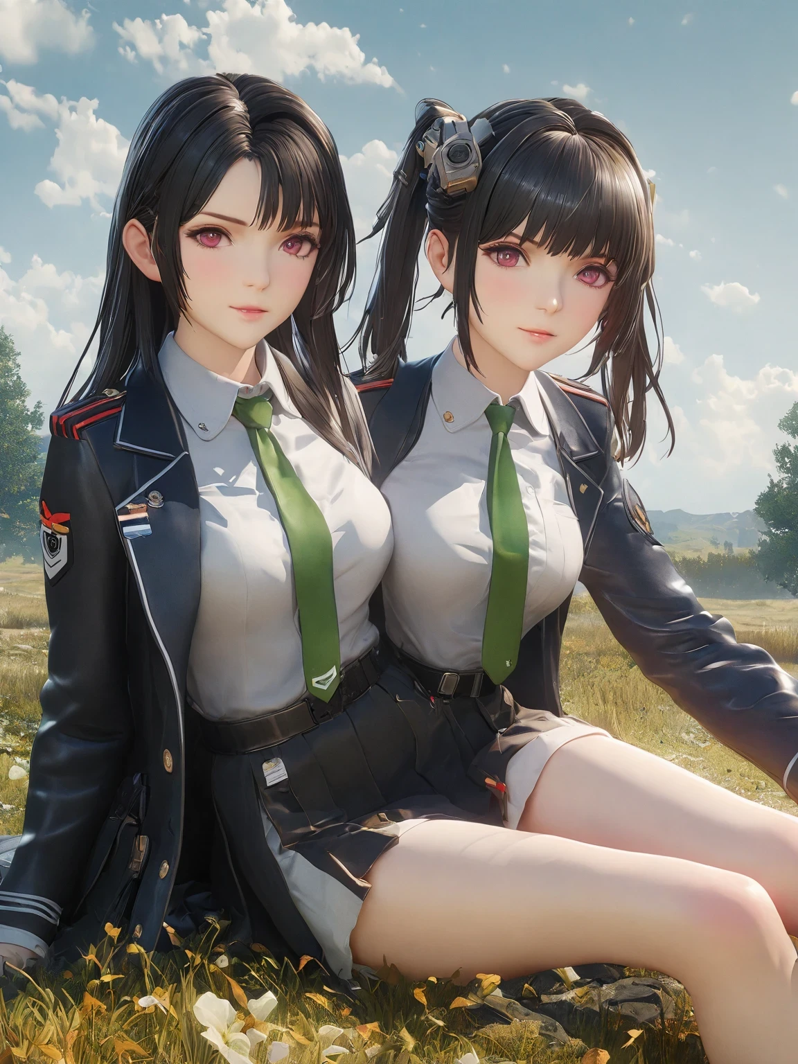 diy2，Highest quality, ultra-high definition, masterpieces, 8k, realistic, anime styled, 3d render，anime girl sitting on the ground in a field with a green tie, anime visual of a cute girl, marin kitagawa fanart, fine details. girls frontline, smooth anime cg art, from girls frontline, beautiful anime high school girl, girls frontline style, girl wearing uniform, girls frontline cg, painted in anime painter studio, makoto shinka, official art
