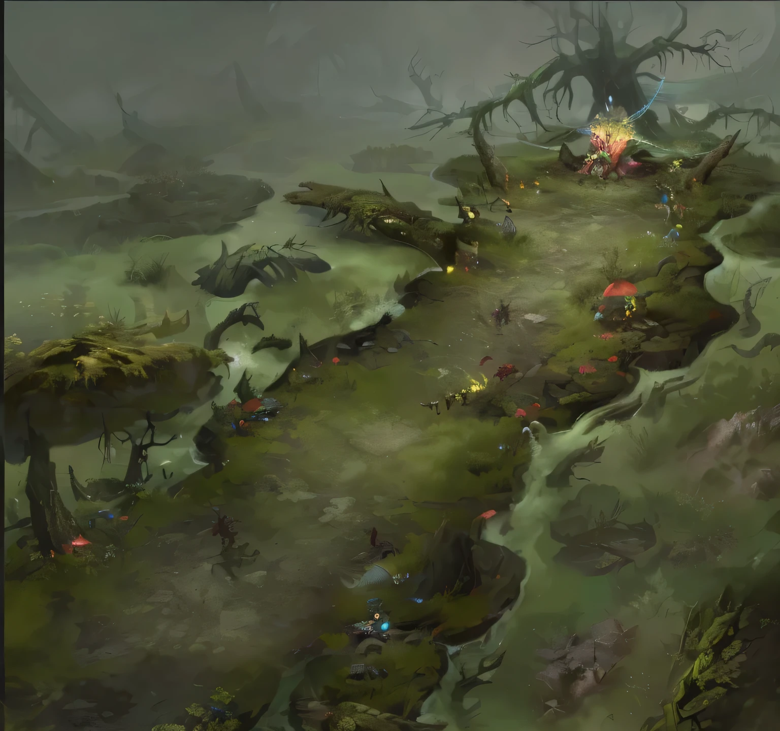 (Walking path in the swamp 1.8),(Strange piranha 1.5),dead tree,trunk,messy,yellow-green, Dota 2 concept art, League of Legends concept art, Riot Games Concept Art, Depicted as game concept art, Dota matte concept art, Dota! matte concept art, Diablo digital concept art, background artwork, Detailed digital 2D fantasy art, fantasy concept art