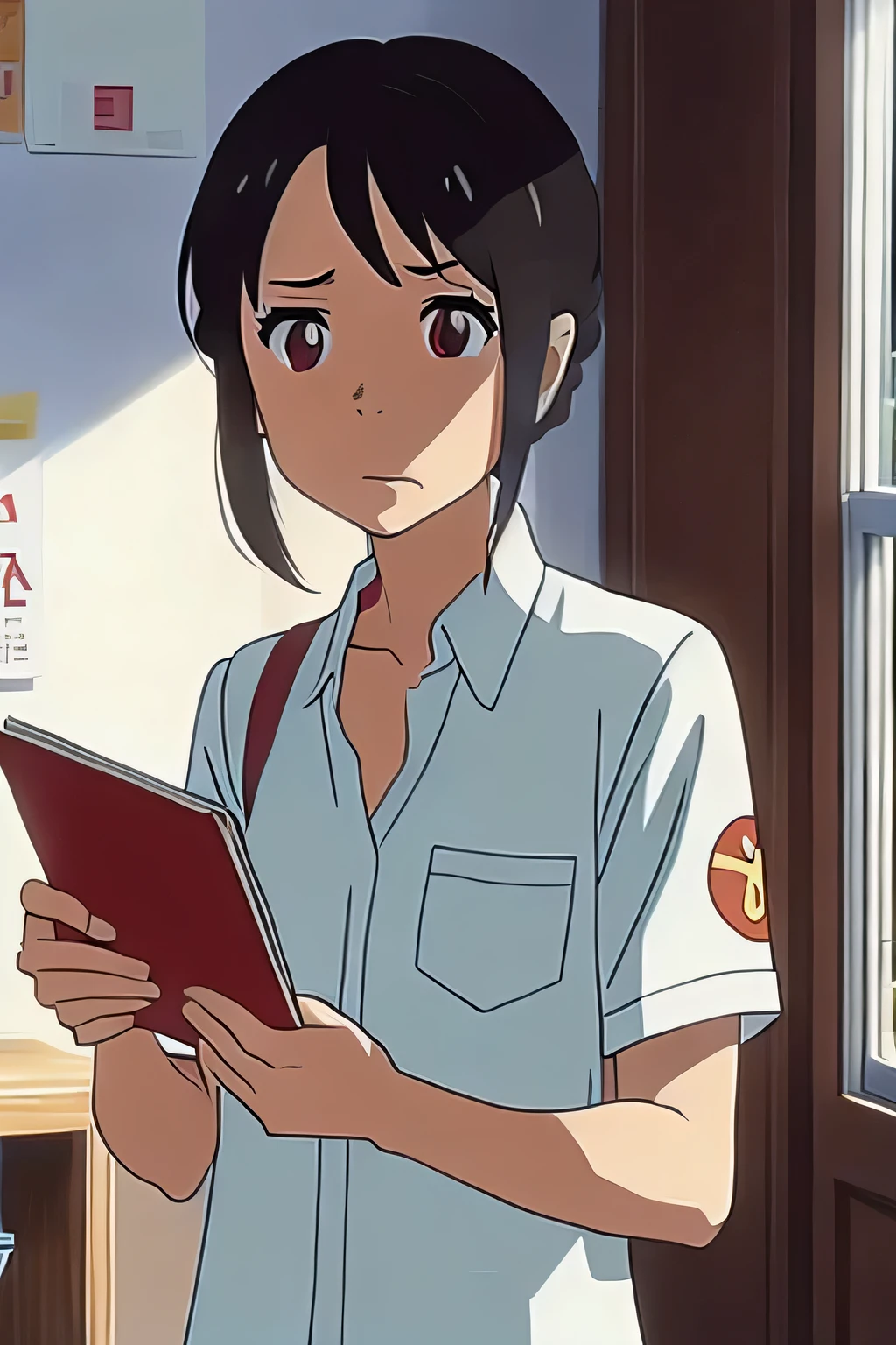 Chica anime con camisa blanca y pajarita roja sosteniendo un libro., Su nombre movie style, Su nombre, anime visual de una linda chica, Today&#39;s featured anime still., high quality anime movie still, Makoto Shinkai. —h 2160, in the anime movie, arte oficial, kimi no na wa, anime movie stills anime shikishi